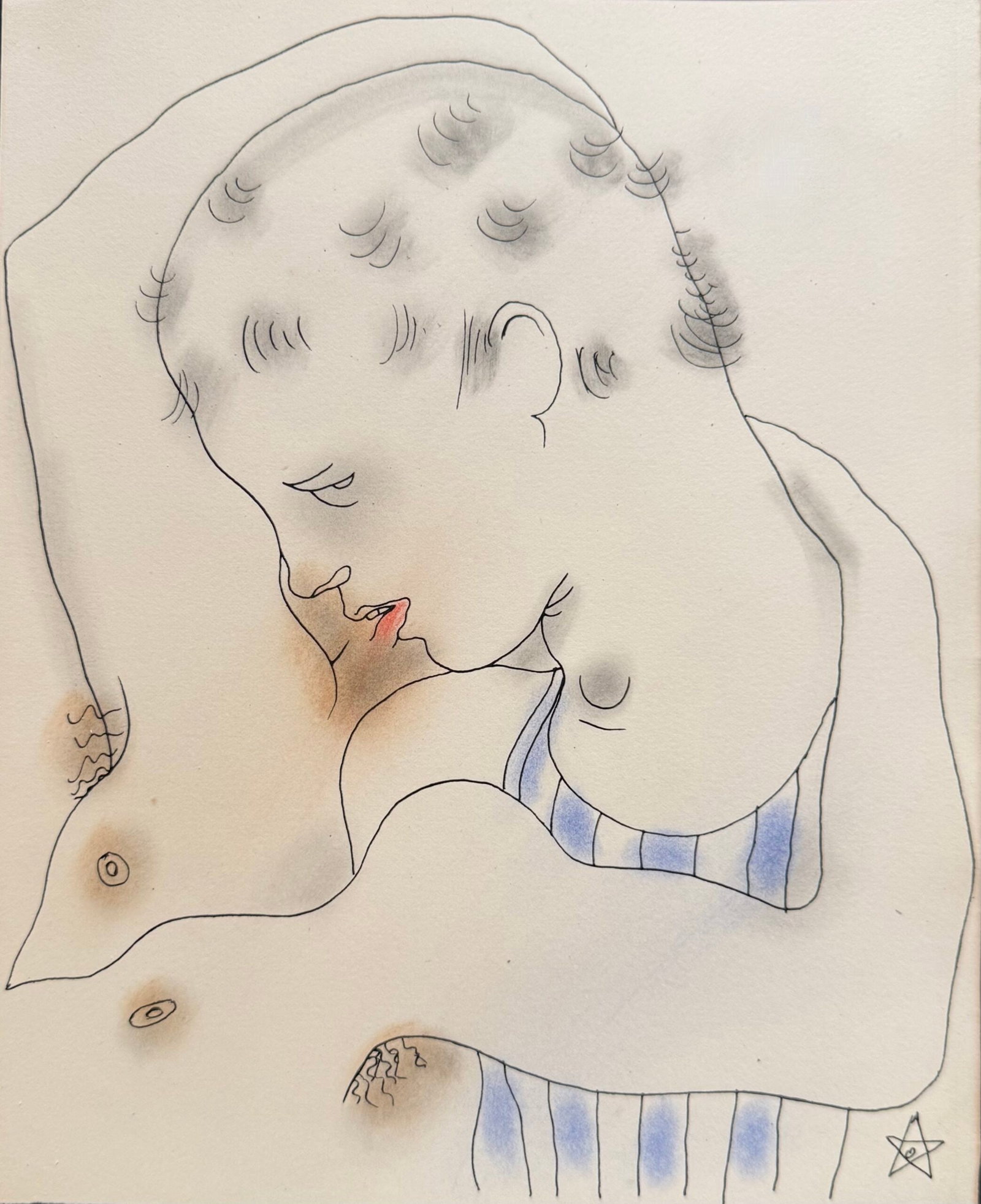 Jean COCTEAU : White Book (the kiss), 1930 (signed) (Lithograph with hand-applied colour): Jean Cocteau (1889-1963) White Book (the kiss), 1930 Lithograph with hand-applied colour (pochoir) on velin d'Arches. Signed in the plate lower right with the star monogram; unnumbered, as issued; fro