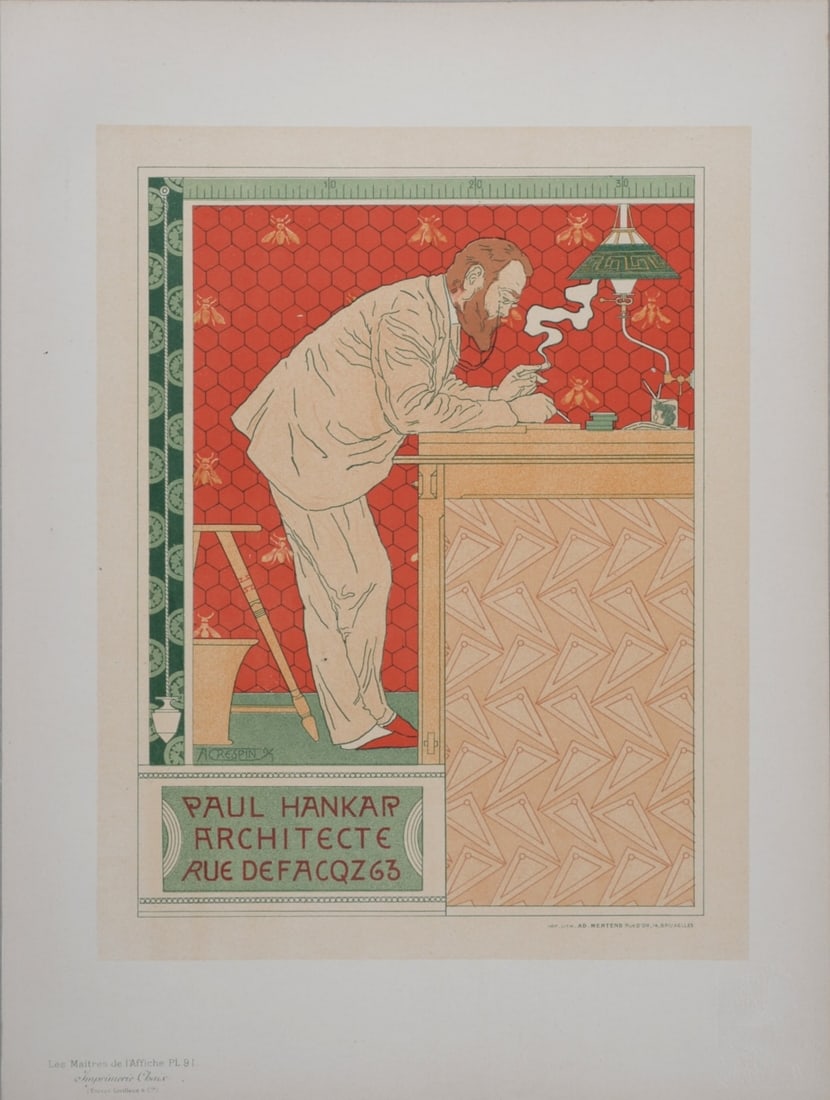 Paul Crespin : Les Maitres de l'Affiche - Paul Hankar, Architect, 1897: Paul Crespin (1859-1944) Paul Hankar, Architect, 1897 Les Maitres de L’Affiche : PL. 91 Lithograph on wove paper. Signed on the plate lower right margin. Dimensions : + Size of the sheet : 39,4 x 28