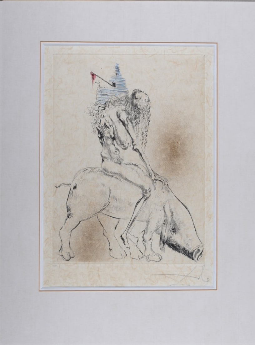 Salvador Dali (1904-1989) : Femme Au Cochon, 1969 - Hand-signed: Salvador Dali (1904-1989) Femme Au Cochon, 1969 Woodcut print on Japan paper, mounted on a passe-partout. Hand-signed in pencil lower right. Dimensions: + Size of the visible image : 37 x 27 cm / 14,5