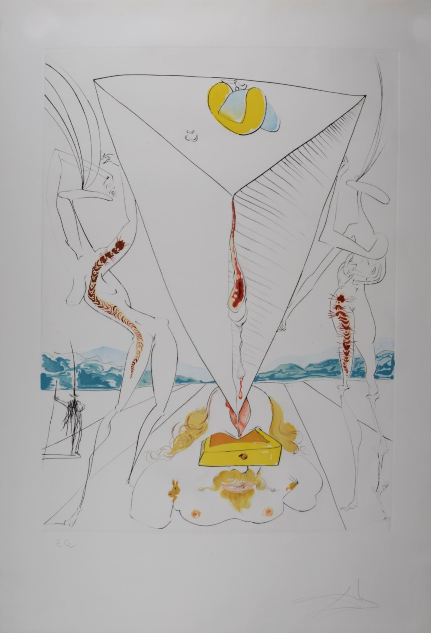 Salvador Dali (1904-1989) : Philosophe ecrase par le cosmos, 1974: Salvador Dali (1904-1989) Philosophe ecrase par le cosmos, 1974 Drypoint, etching, and color lithograph with embossing on Rives BFK wove paper. Hand-signed in pencil in the lower right margin. Inscrib