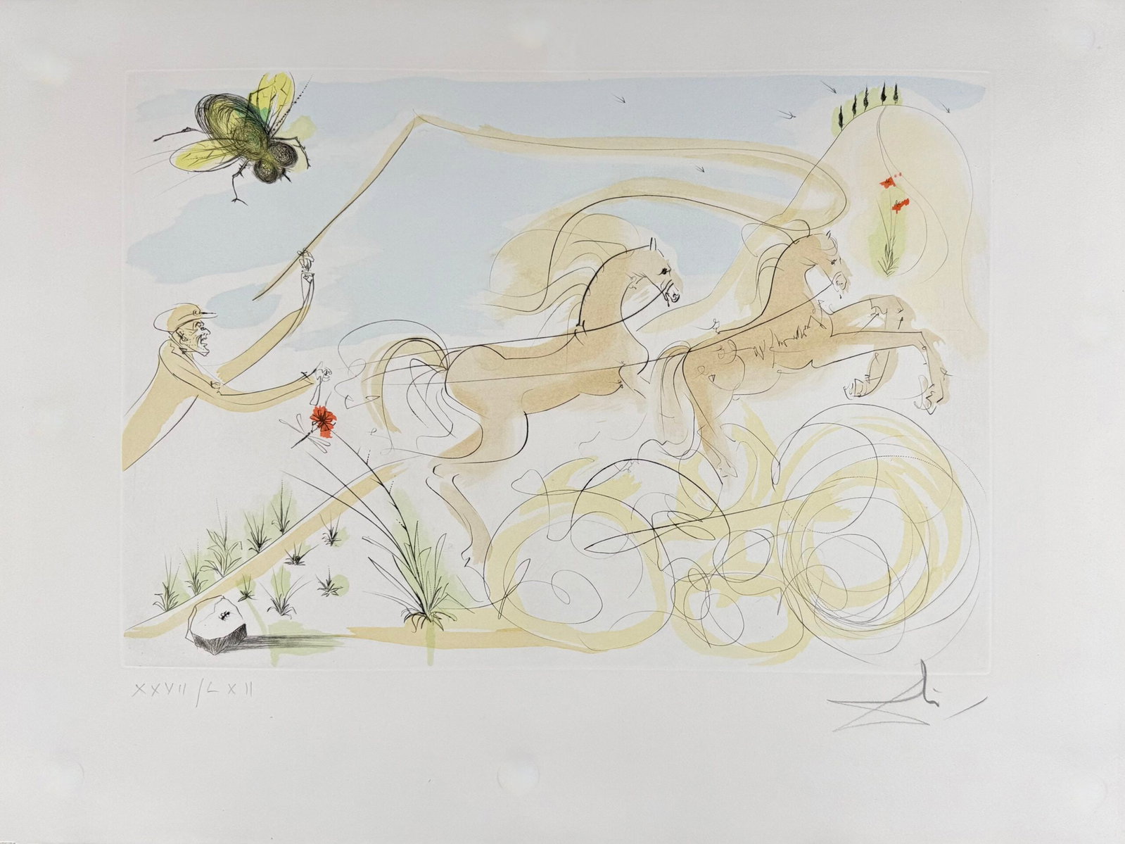 Salvador Dali : Le cheval et la mouche (La mouche du coche), 1974- Hand-signed: Salvador Dali (1904-1989) Le cheval et la mouche (La mouche du coche), 1974 Original drypoint engraving, hand-colored with stencil (Atelier Rigal) on Arches. Hand-signed in pencil in the lower right m