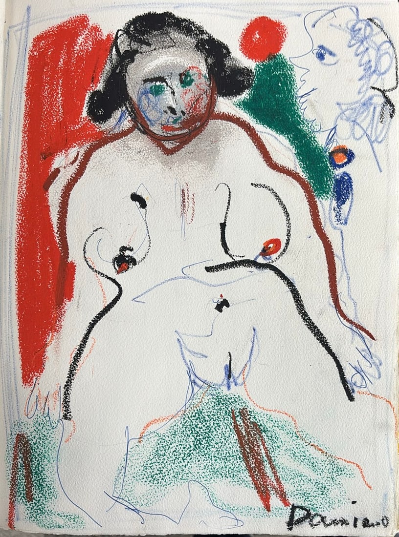 Bernard Damiano : Femme nue (Female Nude), c. 1966 (Oil pastel): Bernard Damiano (1926–2000) Femme nue (Female Nude), c. 1966 Oil pastel (pastel gras) and crayon Signed lower right: "Damiano" (no dedication visible in this image) Dimensions: Sheet 29.7 × 21 cm (