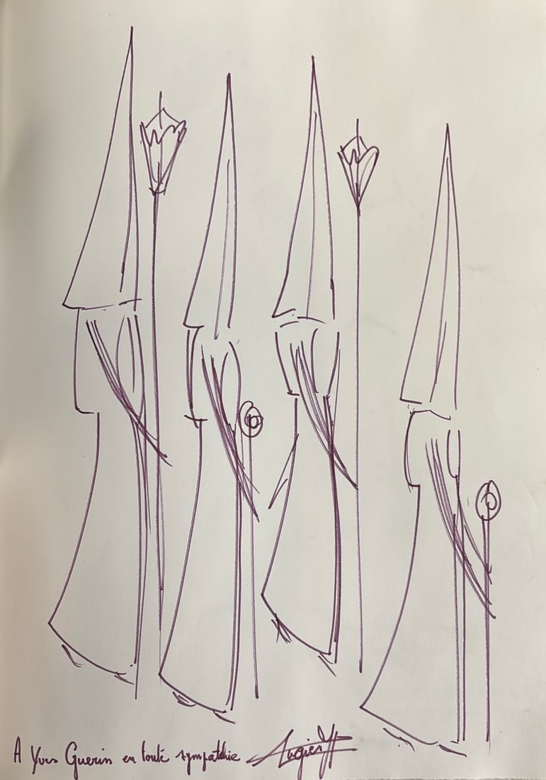 Jean-Pierre Augier - Procession de penitents, c. 1970 (Felt-tip pen): Jean-Pierre Augier (b. 1941) Procession de penitents, c. 1970 Felt-tip pen Dedicated and signed by hand, lower left: "A Yves Guerin en toute sympathie", signed "Augier" Dimensions: Sheet 29.7 × 21 cm