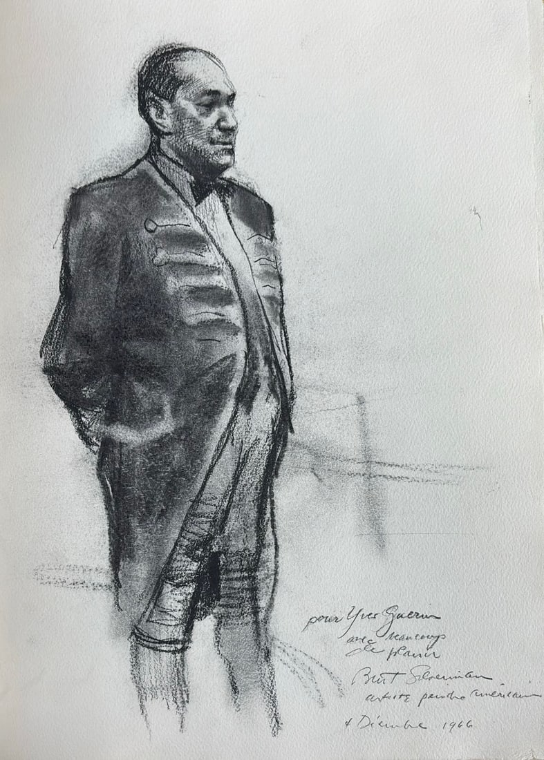 Burton Silverman : Portrait of a standing man, 1966 (Charcoal): Burton Silverman (b. 1928) Portrait of a standing man (possibly Yves Guerin himself), 4 1966 Charcoal Dedicated, signed and dated by hand, lower right: "pour Yves Guerin avec beaucoup de plaisir, Burt