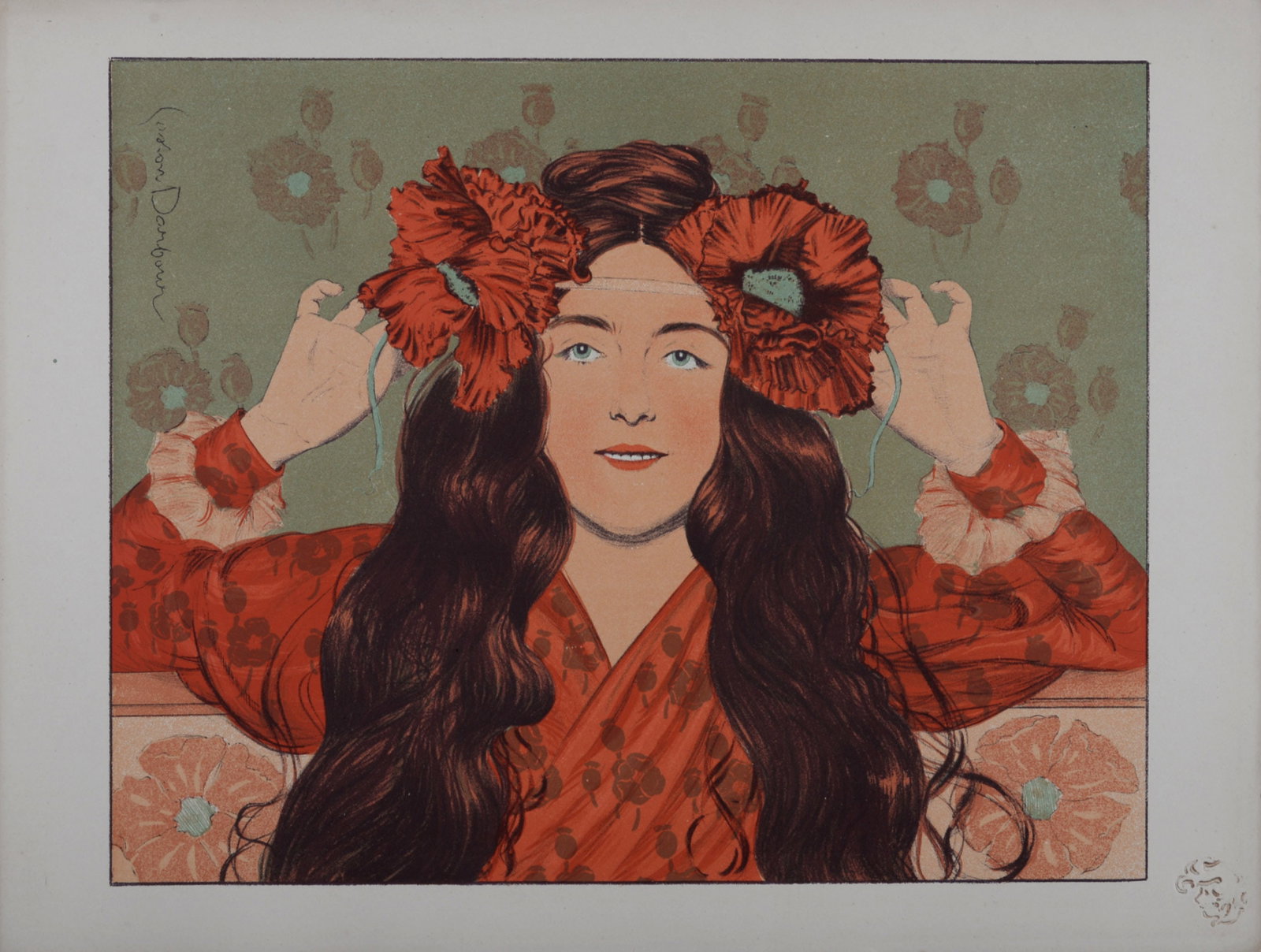 Gaston Darbour : Jeune Fille aux Coquelicots 1897: Gaston Darbour (1869-1964) Jeune fille aux coquelicots, 1897 Lithograph on wove paper. L'Estampe Moderne's blind stamp on the bottom right corner. Dimensions: +Size of the sheet: 30 x 40cm / 11.8 x 15
