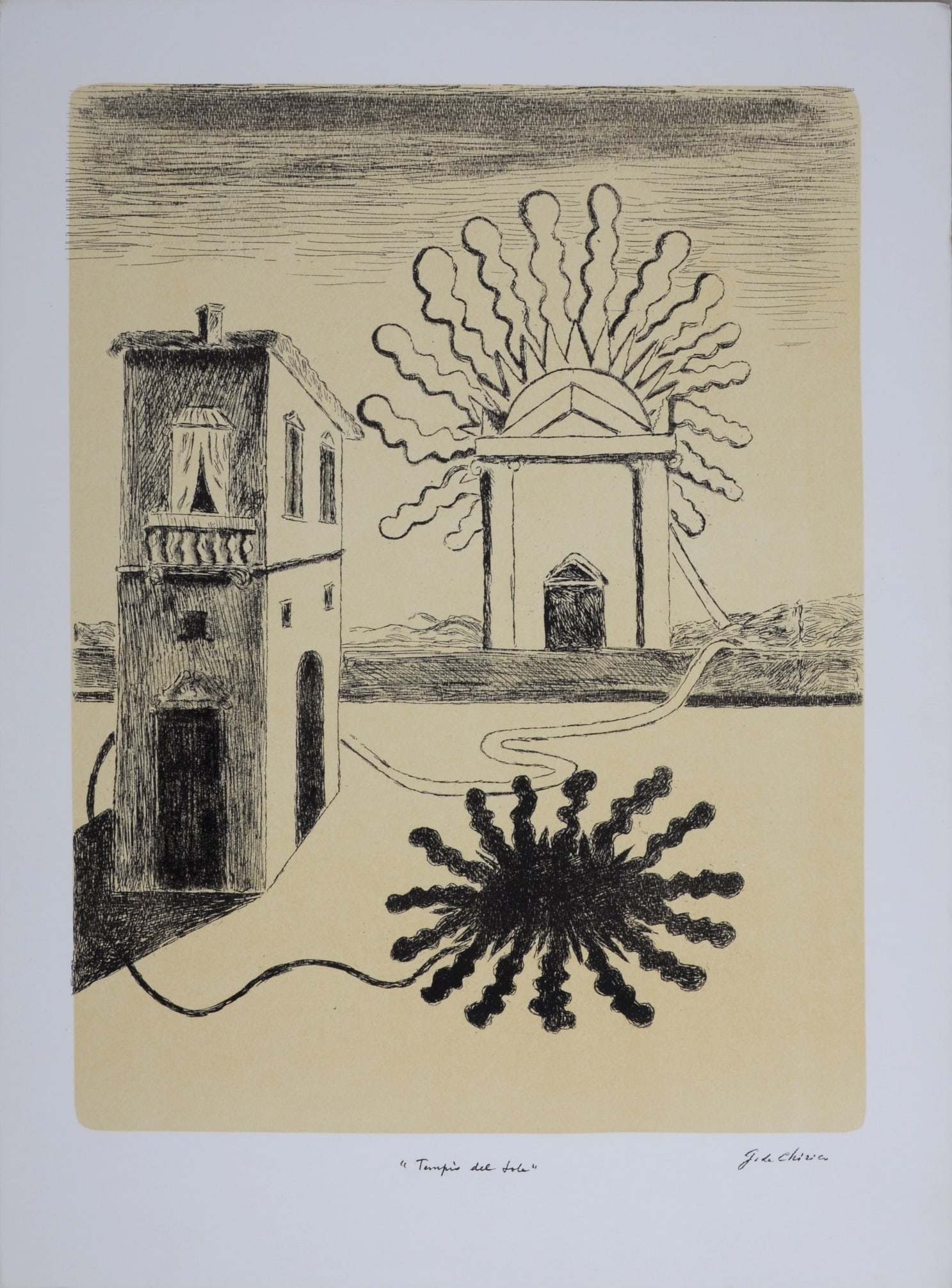 Giorgio De Chirico (1888-1978, d'apres) : Le Temple du Soleil, 1981: Giorgio De Chirico (1888-1978, d'apres) Le Temple du Soleil, 1981 Facsimile of original lithograph on wove paper. Signed on the plate lower right margin and titled in the plate below the image. Dimens