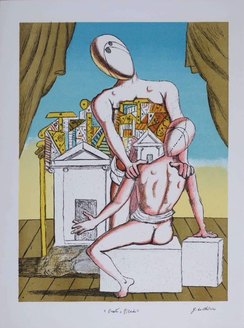 Giorgio De Chirico (1888-1978, d'apres) : Oreste et Pilade, 1981: Giorgio De Chirico (1888-1978, d'apres) Oreste et Pilade, 1981 Facsimile of original lithograph on wove paper. Signed on the plate lower right margin and titled in the plate below the image. Dimension