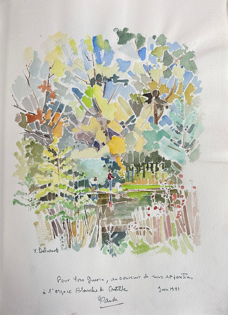 Yolande Delcourt : Paysage de riviere (River Landscape), 1991 (Watercolour): Yolande Delcourt (b. 1940) Paysage de riviere (River Landscape), June 1991 Watercolour Signed lower left "Y. Delcourt"; dedicated and dated by hand, lower margin: "Pour Yves Guerin, en souvenir de mes