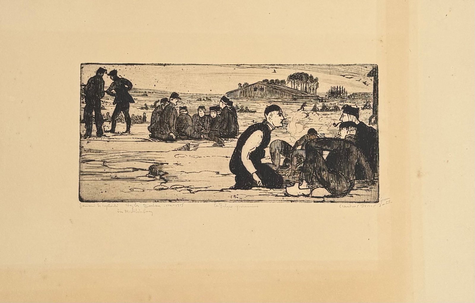 Claudius Denis : Les prisonniers belges, 1915 (signe a la main): Claudius Denis Les Belges Prisonniers, 1915 Eau-forte et aquatinte sur papier velin Van Gelder. Signe a la main et annote « Epreuve d’artiste ». Hors edition de 50 exemplaires. Dimensions : Dimens