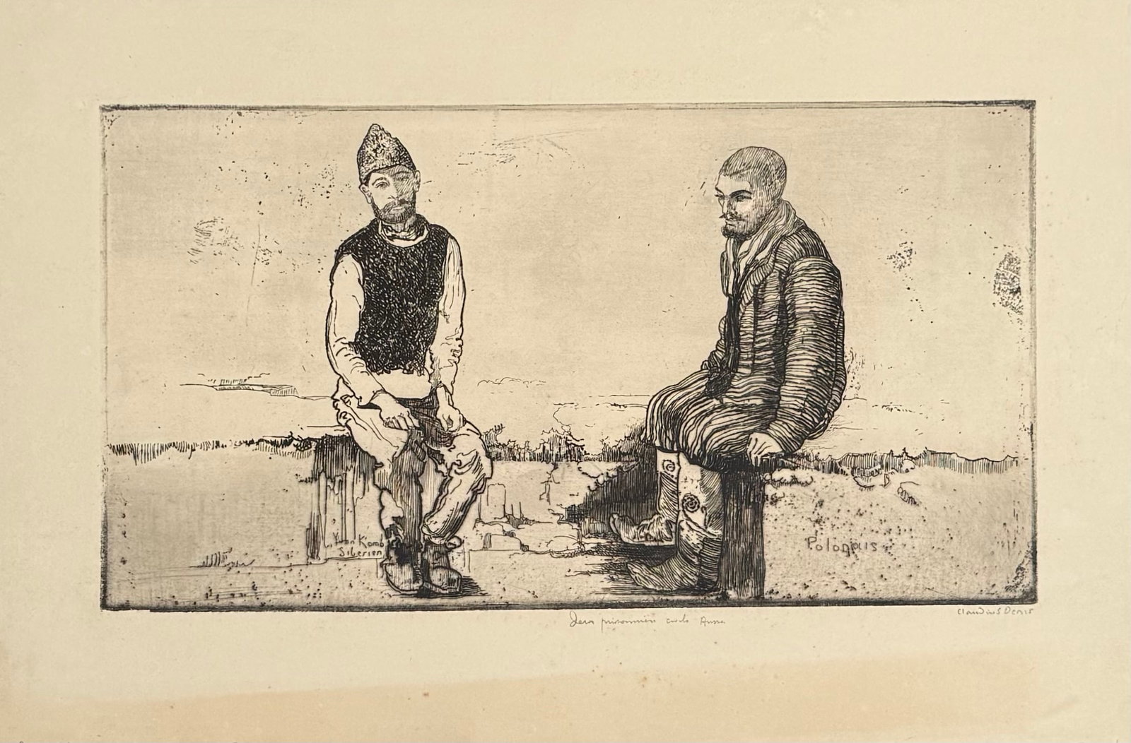Claudius Denis : Deux prisonniers civils Russes, 1915 (Hand Signed): Claudius Denis Deux prisonniers civils Russes, 1915 Etching on wove paper. Hand-signed and annotated ‘Claudius Denis’. Outside the edition of 50. Dimensions: + Size of the sheet : 33 × 50 cm - 13