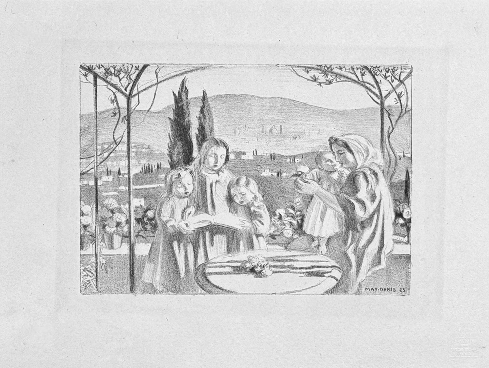 Maurice Denis : La Terrasse, C. 1923: Maurice Denis, La Terrasse, c. 1923 Original lithograph on Japanese paper (chine volant). Galerie des Peintres-Graveurs, Edmond Frapier, Paris. Signed and dated in the plate, lower right: MAY.DENIS.23