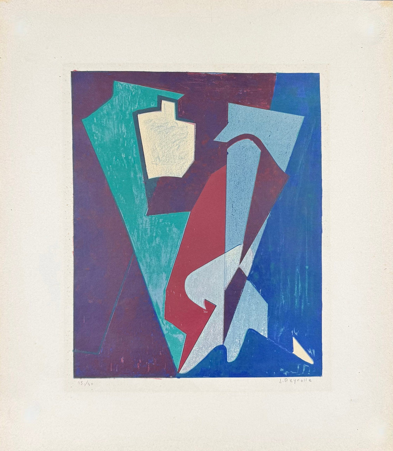 Jean Deyrolle : Abstract Composition #4, 1950 - Hand-signed: Jean Deyrolle (1911–1967) Abstract Composition #4, 1950 Lithograph on hand made verge paper. Hand-signed in pencil lower right. Numbered in pencil 14/40 lower left. Dimensions : + Size of the sheet: