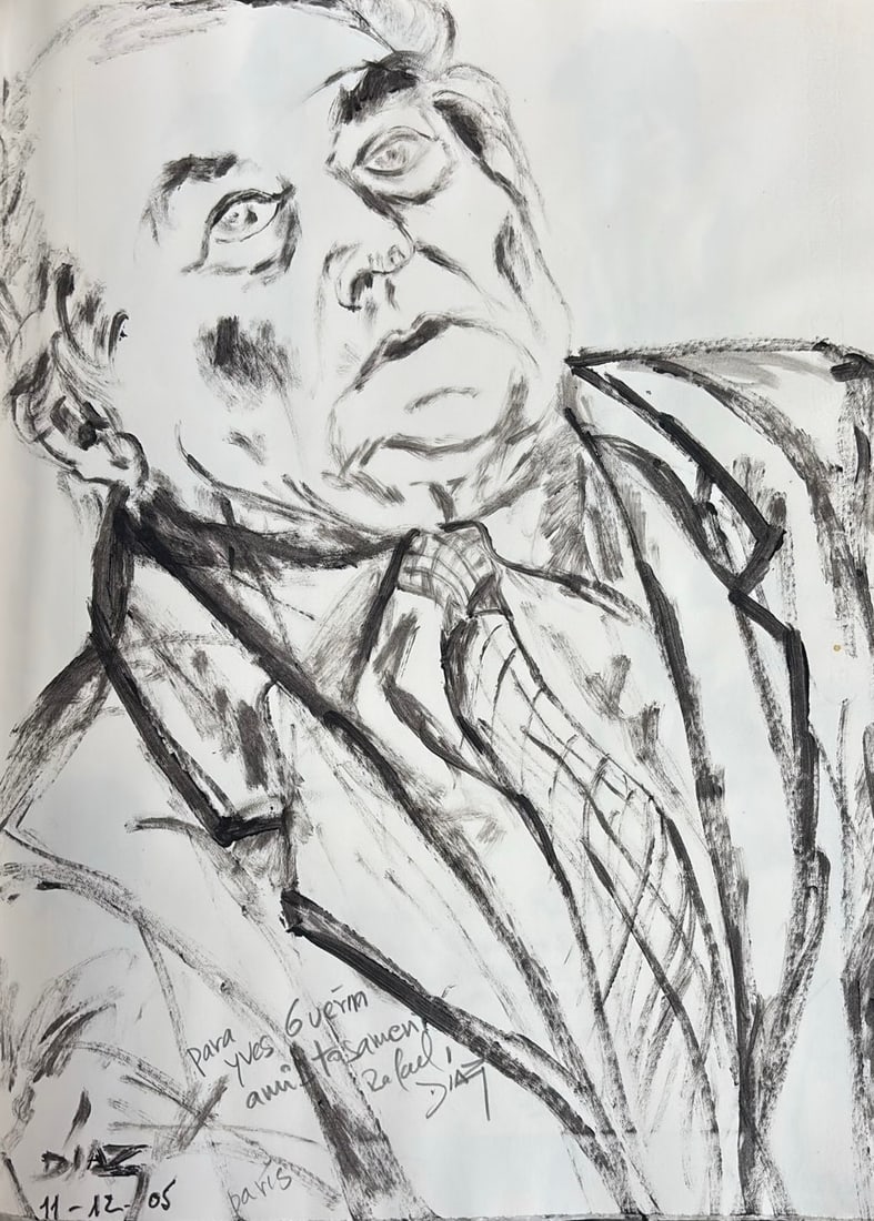 Rafael Diaz : Portrait d'homme (Yves Guerin), 2005 (Brush and ink): Rafael Diaz Portrait d'homme (Yves Guerin), 2005 Brush and ink (wash) Dedicated, signed, dated and located by hand, lower centre/left: "para Yves Guerin, amistosamente, Rafael Diaz", signed "DIAZ", "P