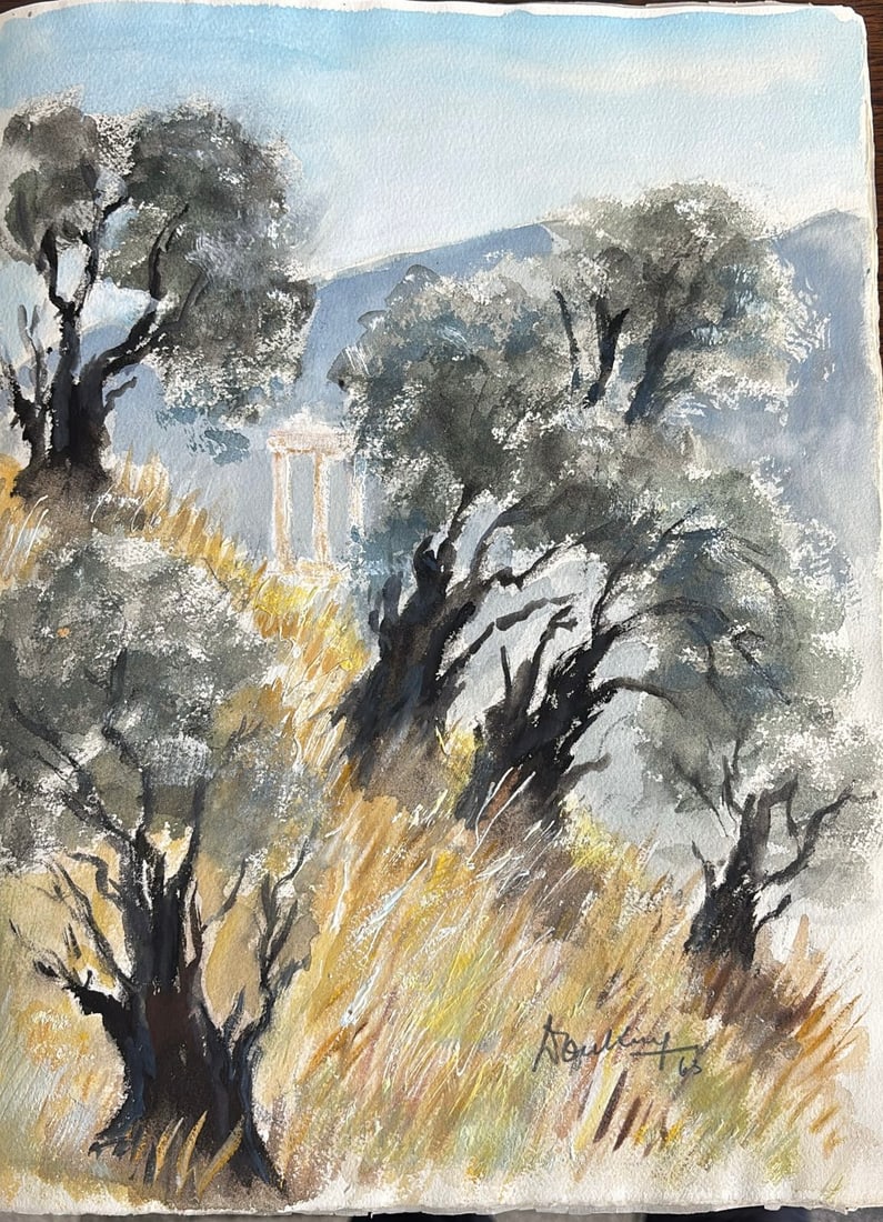 Georges Douking : Olivier et temple grec, 1963 (Watercolour): Georges Douking (1902–1987) Olivier et temple grec, 1963 Watercolour Signed and inscribed by hand: "Pour Y.G., souvenir d'un tableau de chasse" Dimensions: Sheet 29.7 × 21 cm (11 ?? × 8 ¼ i