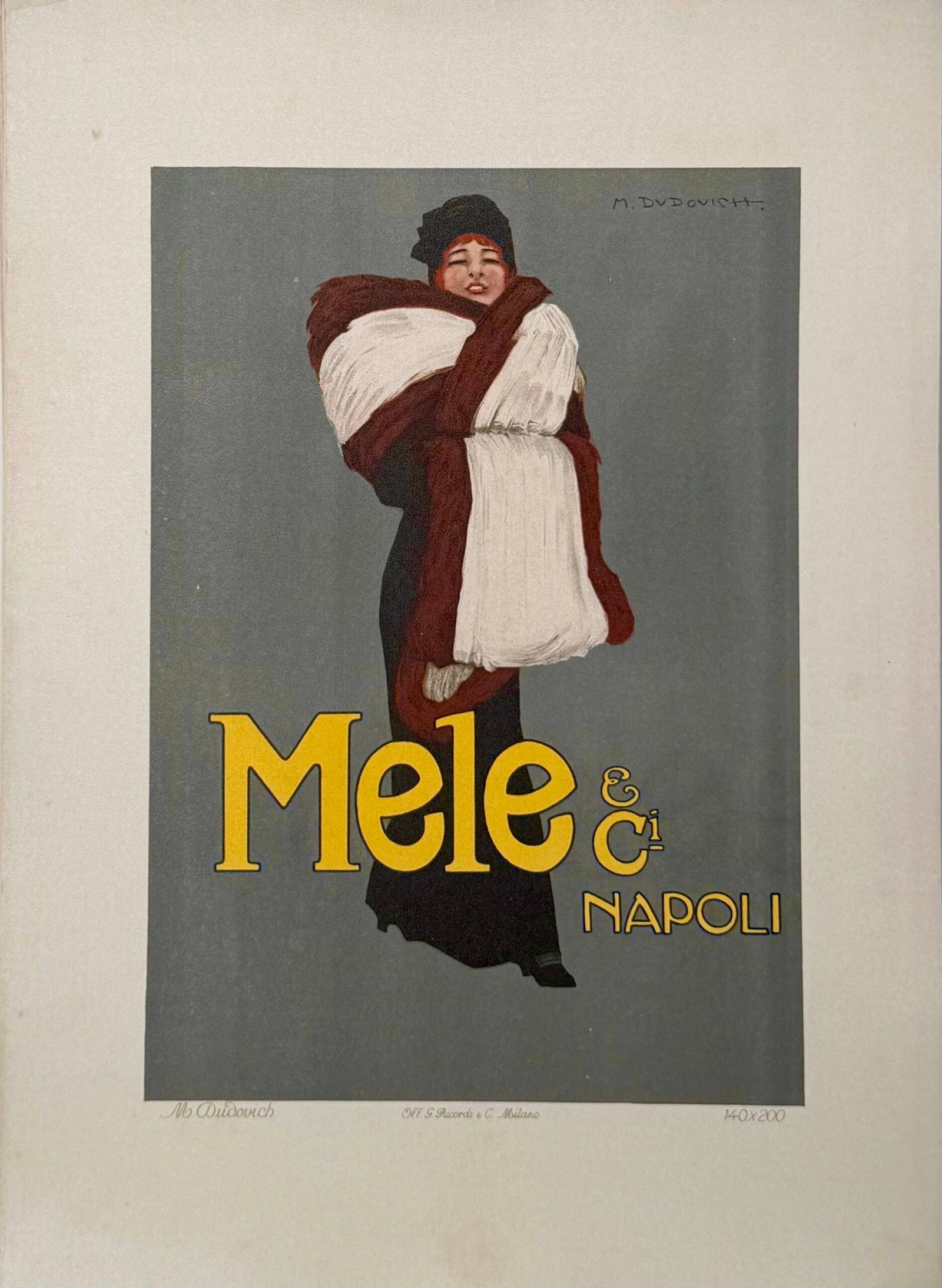 Marcello Dudovich - Mele Napoli, 1914 (Ricordi Poster Portfolio): Marcello Dudovich (1878 - 1962) Mele Napoli, 1914 Lithograph on thick paper. Scarce lithograph from the iconic portfolio Ricordi! Dimensions: +Size of the sheet: 36 x 26 cm / 14.17 × 10.24 in. Printe