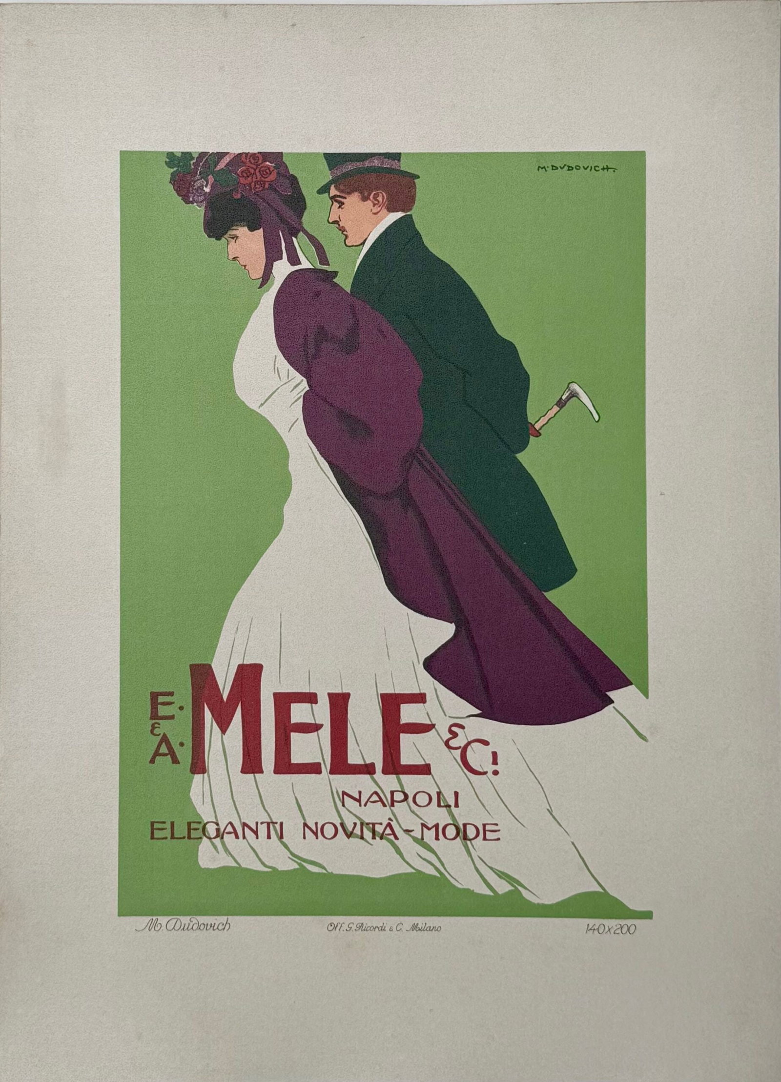 Marcello Dudovich - Mele Napoli, 1914 (Ricordi Poster Portfolio): Marcello Dudovich (1878 - 1962) Mele Napoli, 1914 Lithograph on thick paper. Scarce lithograph from the iconic portfolio Ricordi! Dimensions: +Size of the sheet: 36 x 26 cm / 14.17 × 10.24 in. Printe