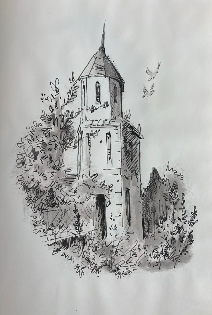 Jean Dulac : Le Vieux Pigeonnier, 1968 (Watercolour in black): Jean Dulac Le Vieux Pigeonnier, 1968 Watercolour in black tones (monochrome) Signed and inscribed by hand: "Juan-les-Pins" Dimensions: Sheet 29.7 × 21 cm (11 ?? × 8 ¼ in.) Provenance: Livre d