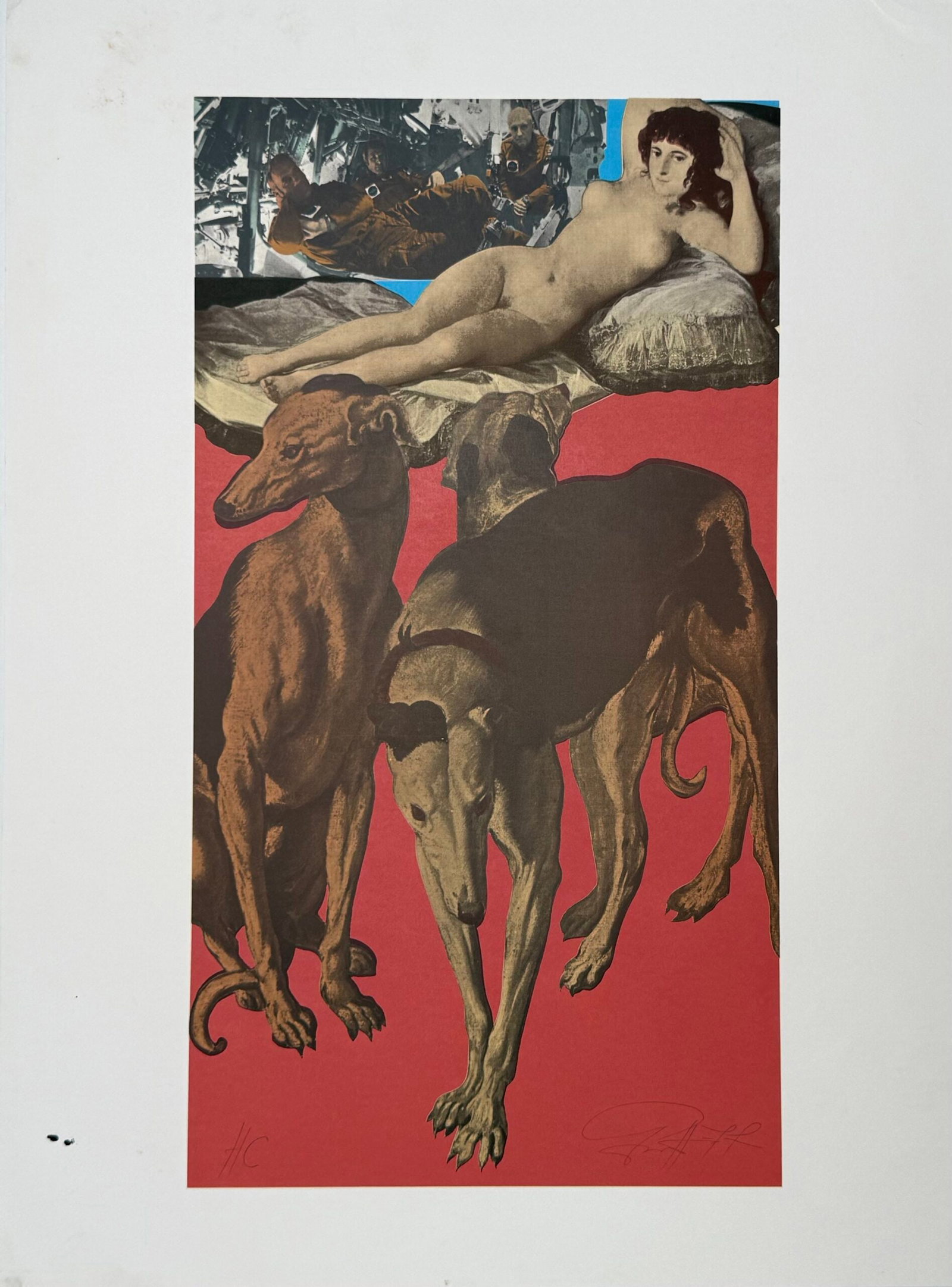 ERRO : La Maja aux levriers, 1977 (signed): Erro (born 1932) La Maja aux levriers, 1977 Colour screnprint on wove paper Signed and inscribed: Signed in pencil lower right; annotated "H.C." (hors commerce) in pencil lower left Dimensions: Sheet: