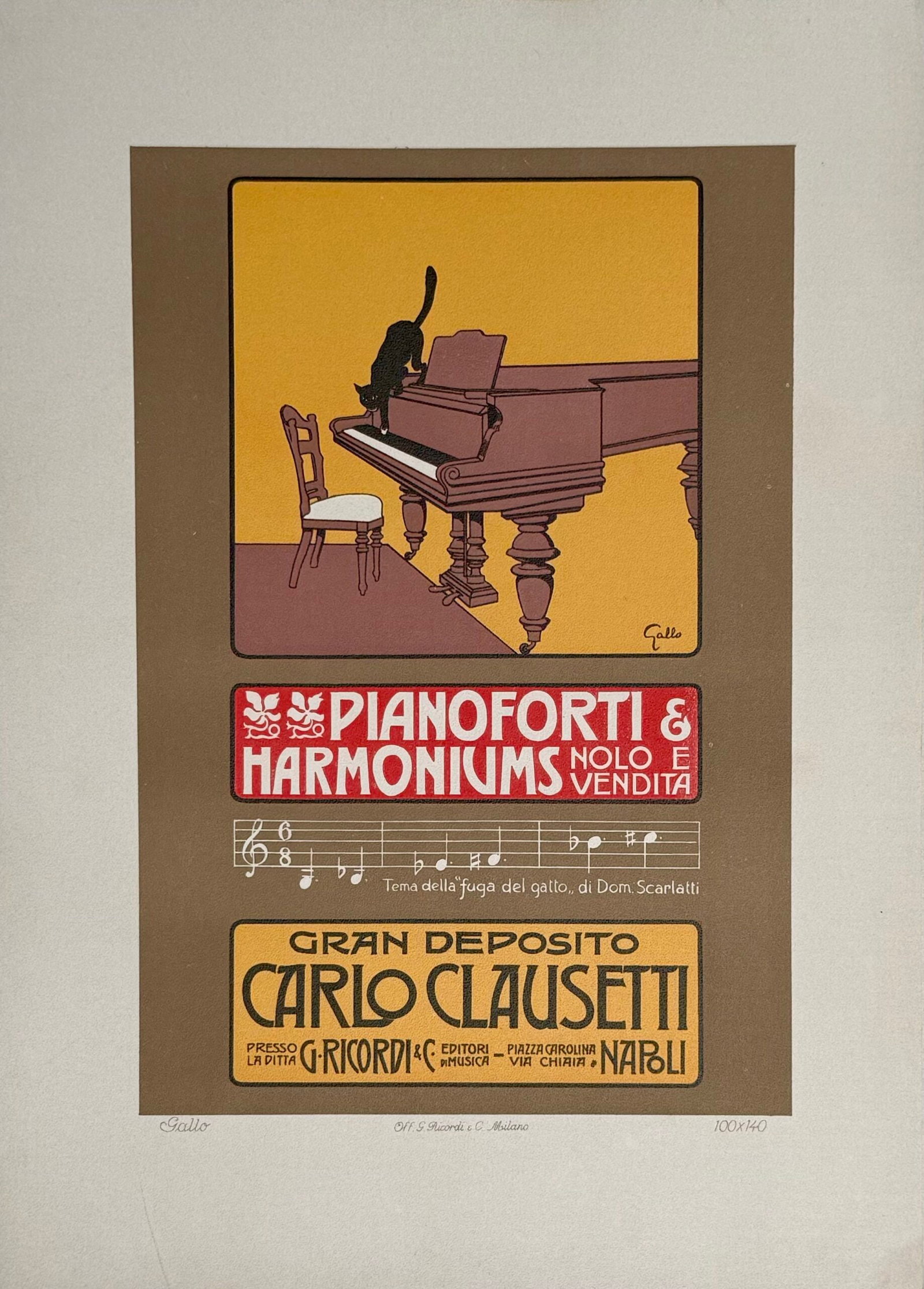 Gallo - Pianoforti & Harmoniums, 1914 (Ricordi Portfolio): Gallo Pianoforti & Harmoniums, 1914 Lithograph on thick paper, tipped-in on paper. Scarce lithograph from the iconic portfolio Ricordi! Size of the sheet: 36 x 26 cm / 14,1 x 10,2 in. Printed in 1914 