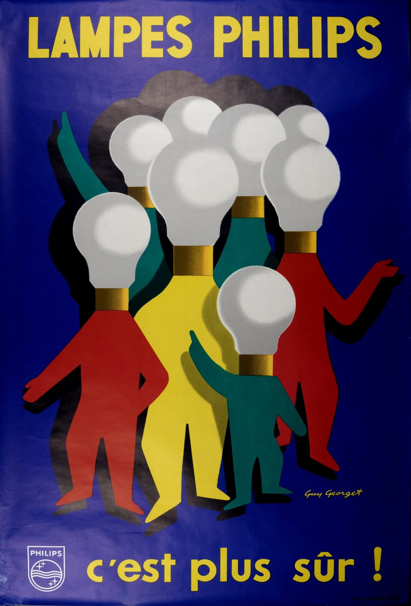 Guy Georget : Lampes Philips, c'est plus sur!, circa 1955: Guy Georget (1911-1992) Lampes Philips, "c'est plus sur!", circa 1955 Large lithograph poster in colors on paper. Plate-signed lower right. Dimensions : + Size of the sheet : 118 x 78 cm / 46.4 x 30.7