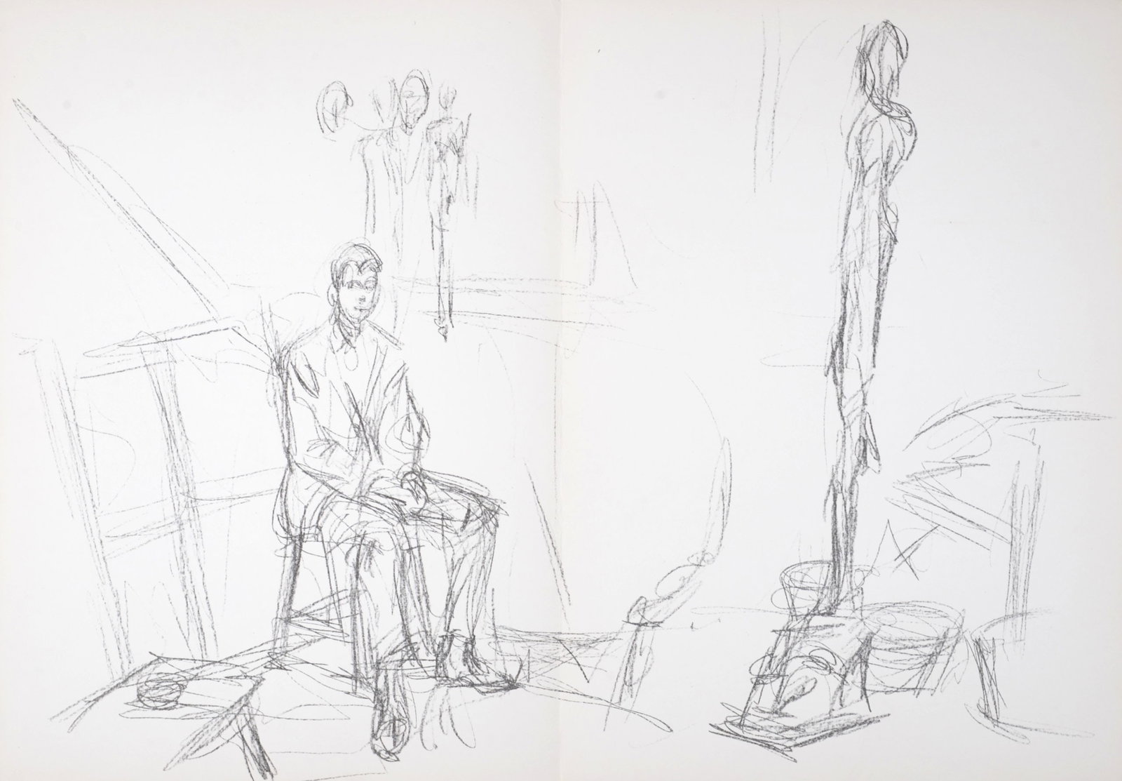 Alberto Giacometti - Homme assis et sculpture, 1961: Alberto Giacometti Homme assis et sculpture, 1961 Original lithograph on one double pages From Derriere Le Miroir n°127, mai 1961 Printed on the back as issued. Dimensions : Size of the sheet : 28 x 