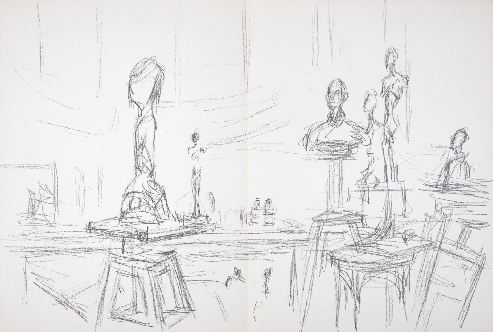 Alberto Giacometti - Atelier et sculptures, 1961: Alberto Giacometti Atelier et sculptures, 1961 Original lithograph on one double pages From Derriere Le Miroir n°127, mai 1961 Printed on the back as issued. Dimensions : Size of the sheet : 28 x 56 