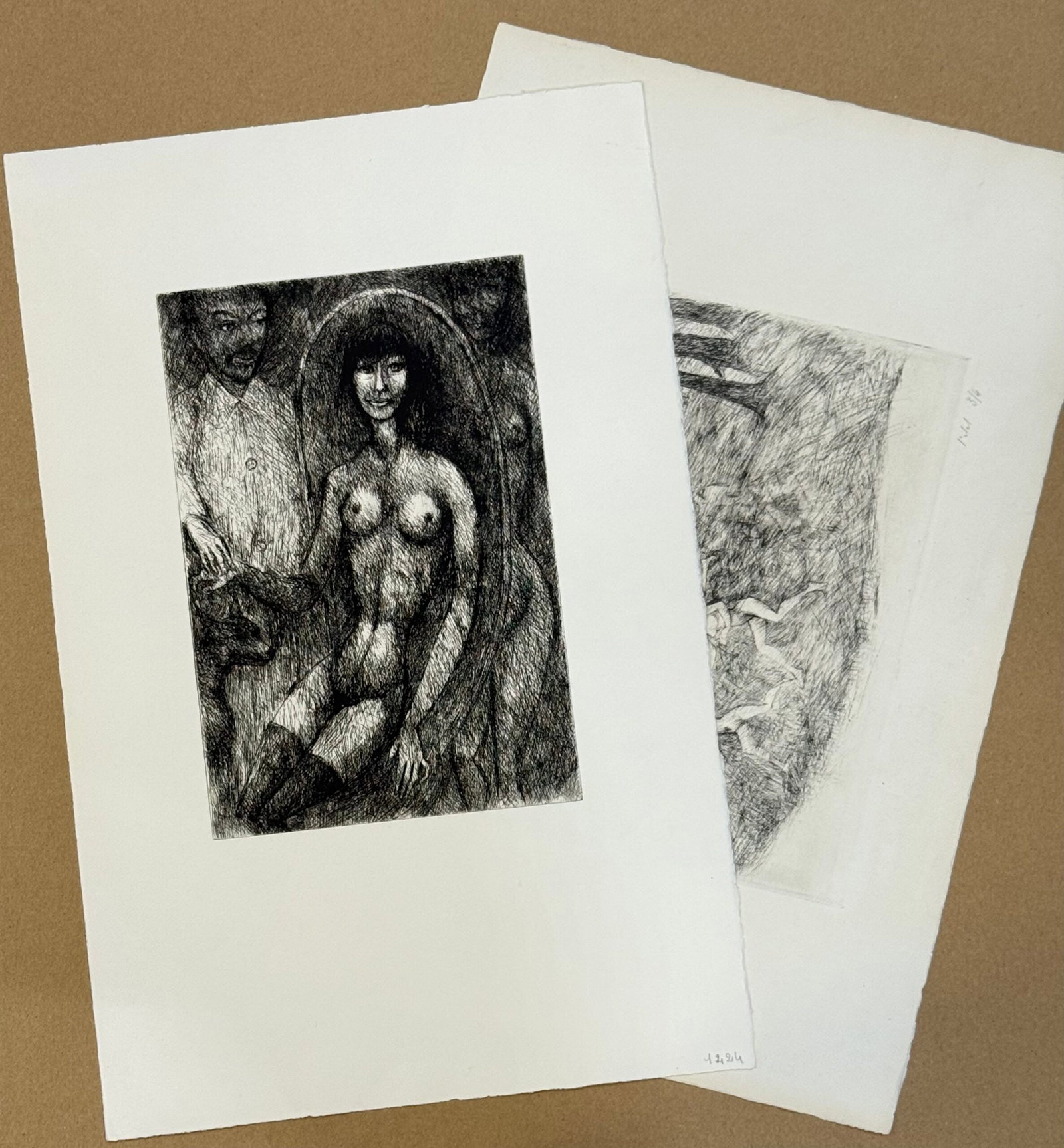 Edouard Goerg : Lot of two original etchings, c.1960: Edouard Goerg (1893–1969) Lot of two original etchings (a) Femme au fauteuil — (b) Les Nymphes chassees des bois Two original etchings (and drypoint) on wove paper, both unsigned Inscriptions: (a)