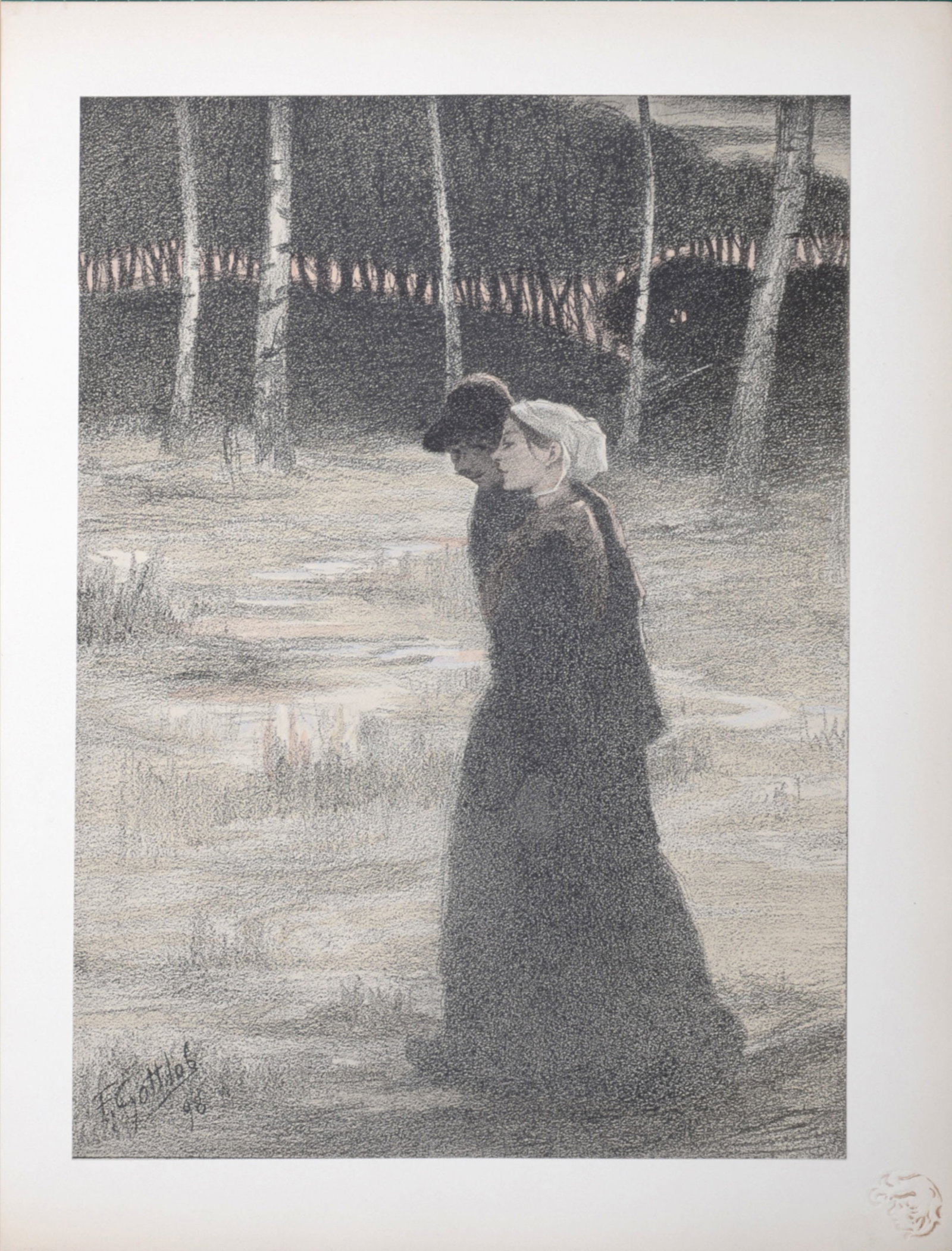 Fernand Louis Gottlob : La Promise, 1899: Fernand Louis Gottlob (1873-1935) La Promise, 1899 Lithograph on wove paper. Signed on the plate lower left margin. L'Estampe Moderne's blind stamp on the bottom right corner. Dimensions: + Size of th