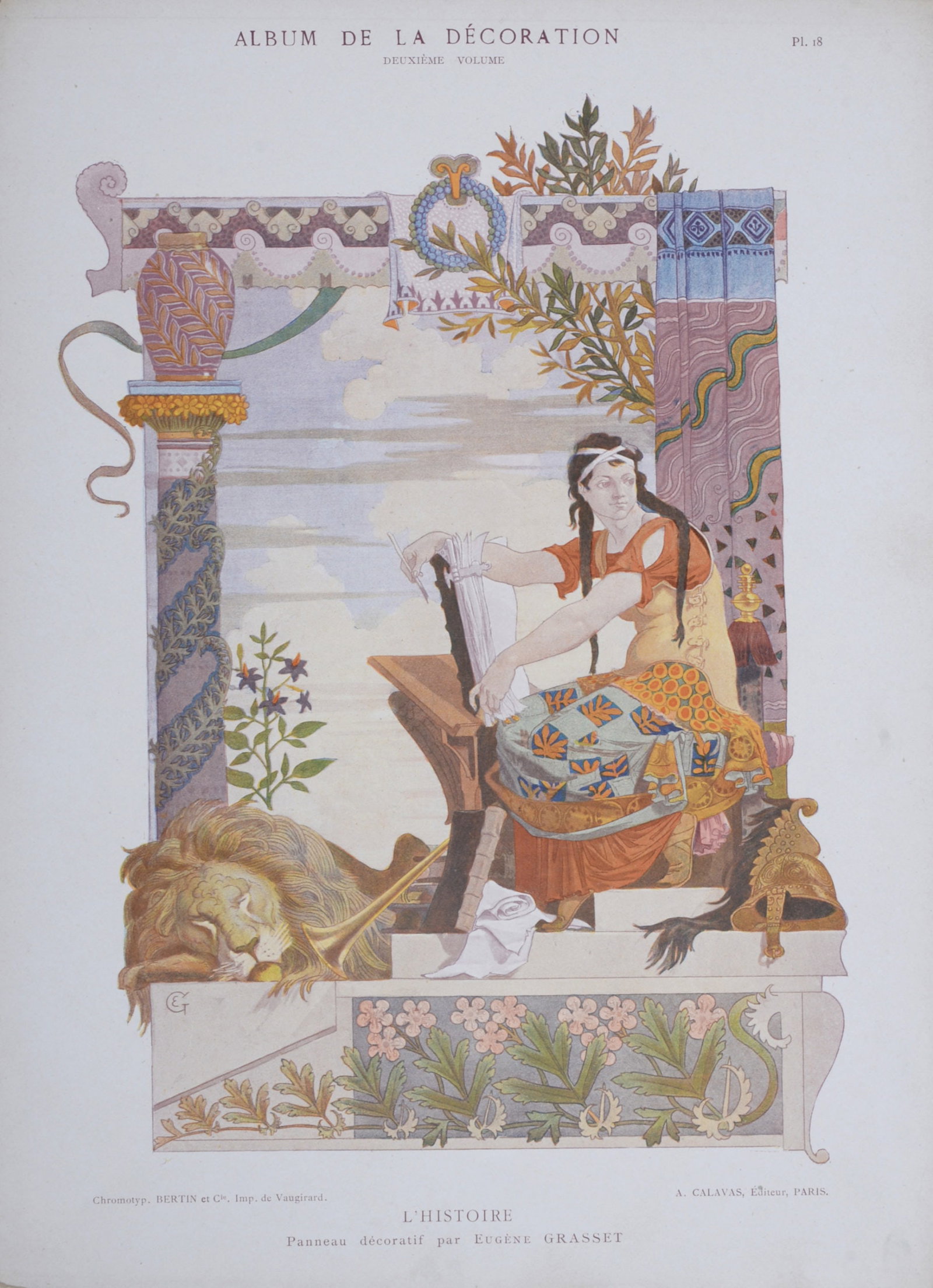 Eugene Grasset : L'Histoire, 1900: Eugene Grasset (1845-1917) L'Histoire, 1900 Lithograph (Chromotypograph) on wove paper. Plate #18. Dimensions: + Size of the sheet: 36,5 x 26,5 cm / 14,3 x 10,4 in. Issued from the famous portfolio "A