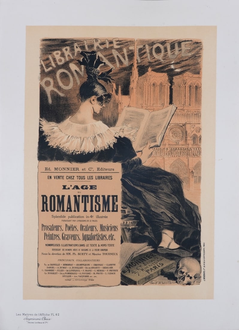 Eugene Grasset : Les Maitres de l'Affiche - Librairie Romantique, 1896: Eugene Grasset (1841-1917) ibrairie Romantique, 1896 Les Maitres de L’Affiche : PL. 42 Lithograph on wove paper. Signed on the plate lower right margin. Dimensions : + Size of the sheet : 39,4 x 28,