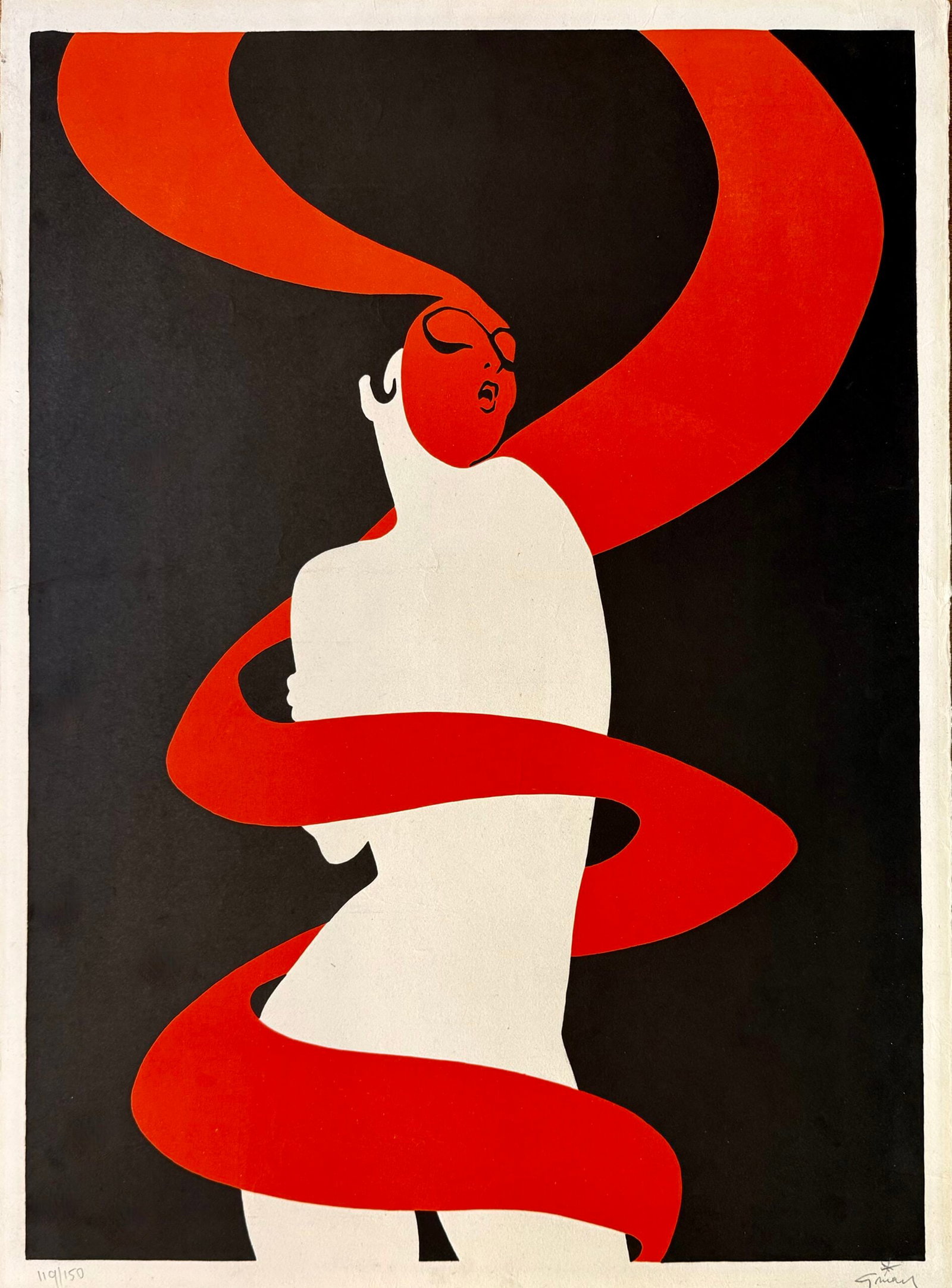 Rene GRUAU : Femme en rouge, vers 1980 (signed): Rene Gruau (1909–2004) Femme en rouge, circa 1980 Colour lithograph on wove paper Signed in pencil lower right, numbered 119/150 in pencil lower left Dimensions: Sheet 69.5 × 51 cm (27 3/8 × 20 1/
