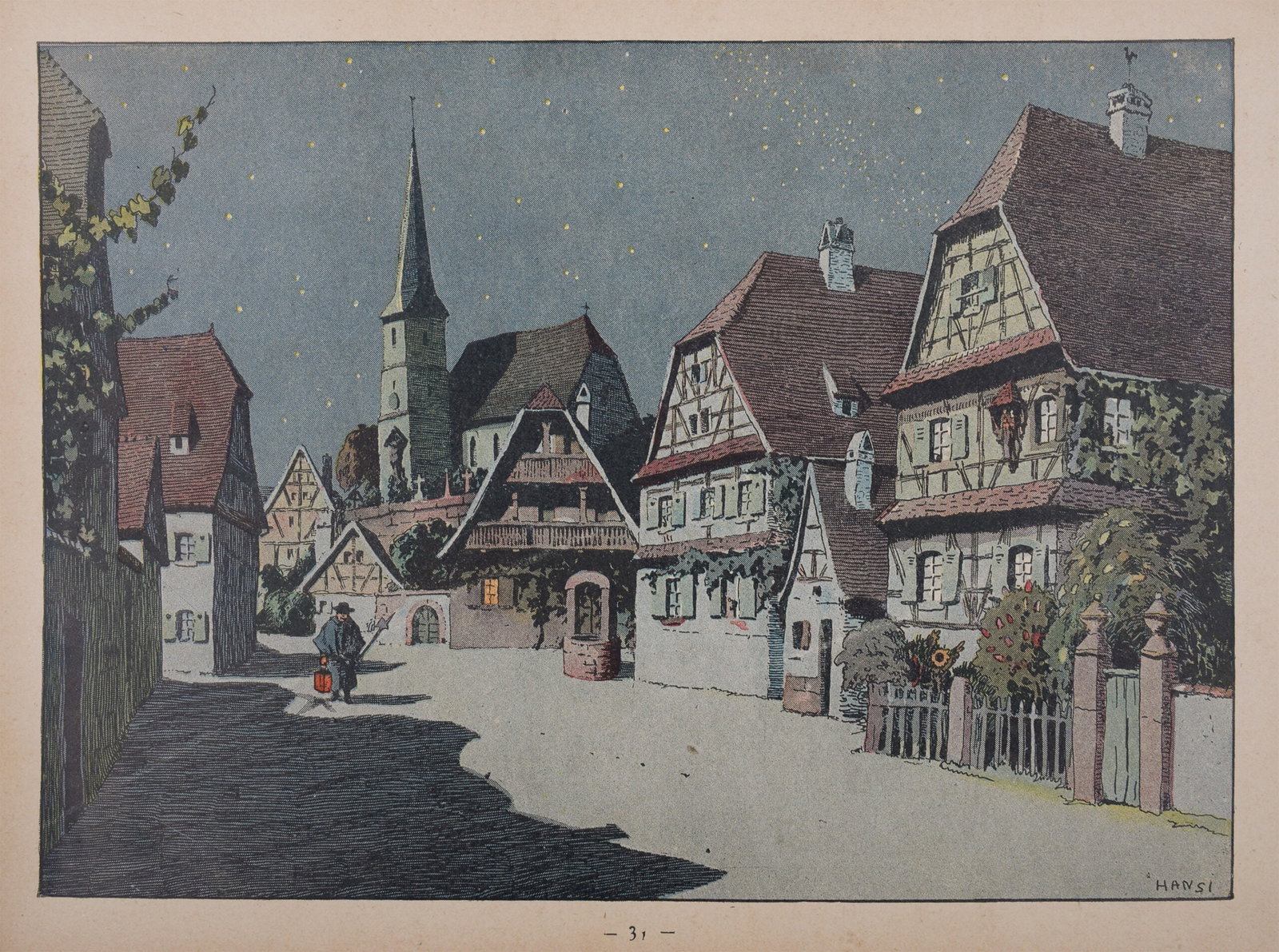 Jean-Jacques Waltz alias Hansi : La Nuit, 1913 - Plate-Signed: Jean-Jacques Waltz alias Hansi (1873-1951) La Nuit, 1913 Original chromo-lithograph in colors on wove paper. Plate-signed. Dimensions : + Size of the sheet : 23,5 x 32 cm / 9,2 x 12,6 in. From the boo