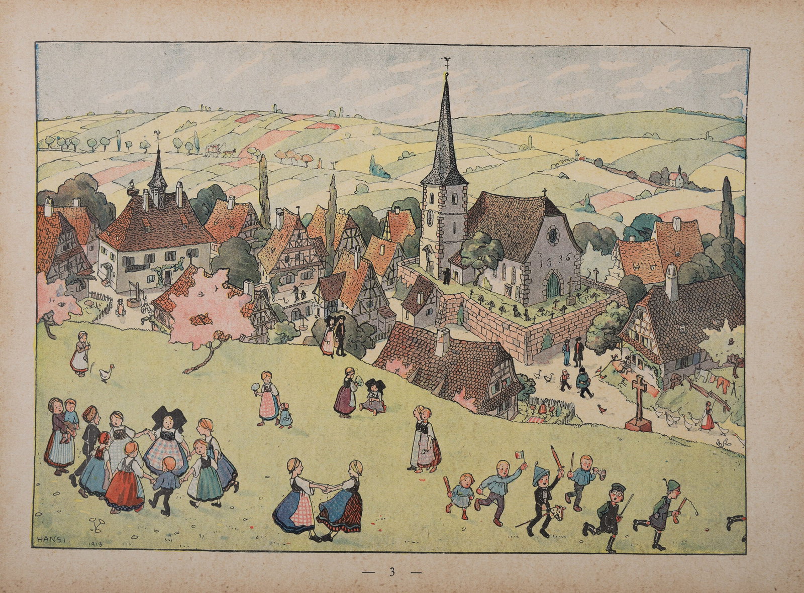Jean-Jacques Waltz alias Hansi : Le village, 1913 - Plate-Signed: Jean-Jacques Waltz alias Hansi (1873-1951) Le village, 1913 Original chromo-lithograph in colors on wove paper. Plate-signed. Dimensions : + Size of the sheet : 23,5 x 32 cm / 9,2 x 12,6 in. From the 