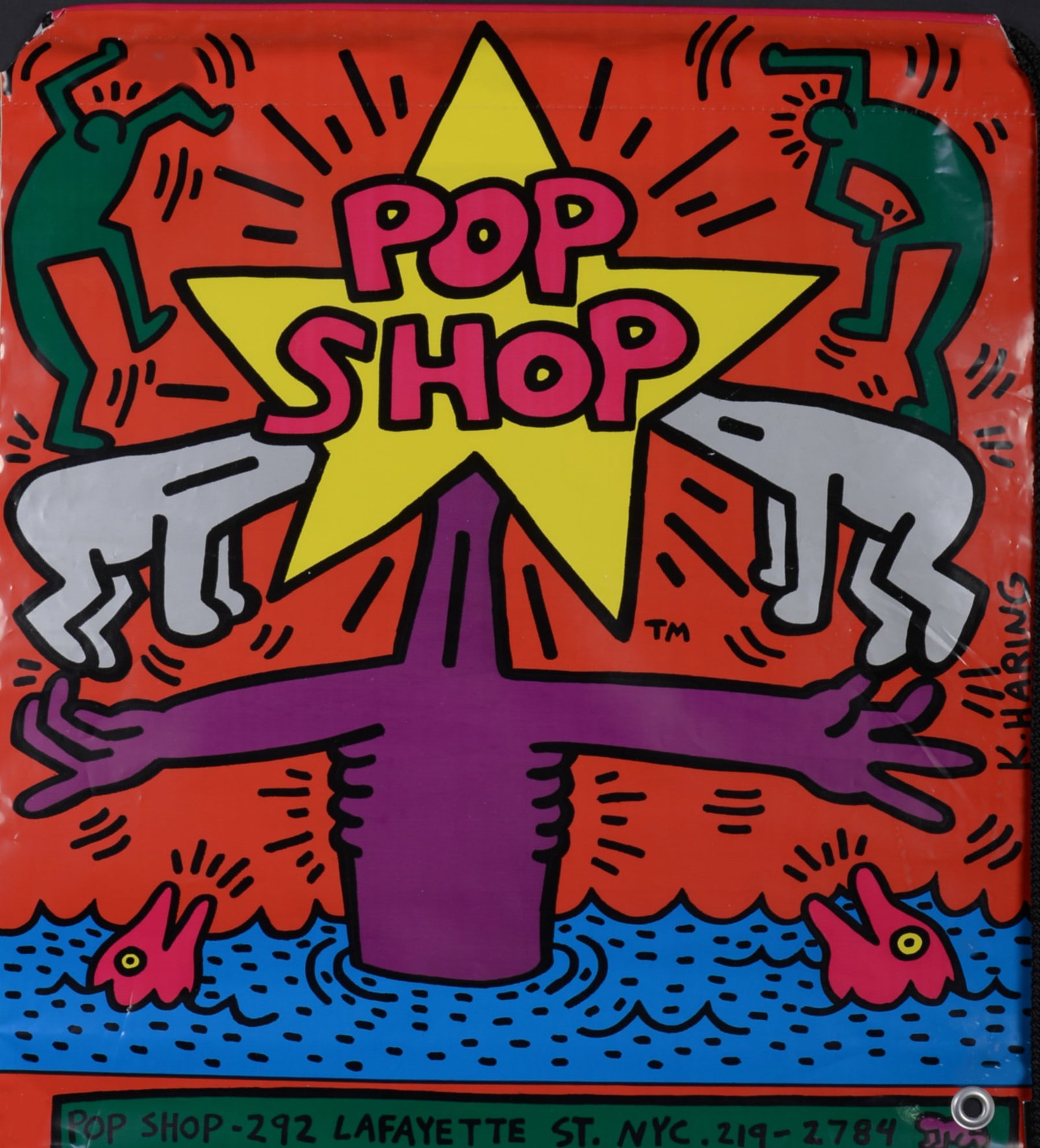 Keith Haring - Pop shop Bag, 1986: Keith Haring (1958-1990) Pop shop Bag, 1986 Silkscreen on a plastic bag, printed on both sides. Highly collectible! Signed on the plate on the recto and on the verso. Dimensions: + Size of the bag: 47