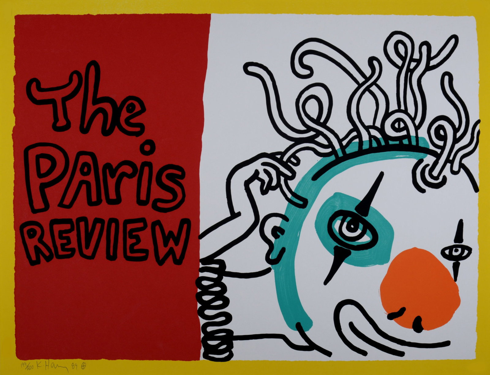 Keith Haring : The Paris Review, 1989 - Hand-signed: Keith Haring (1958-1990) The Paris Review, 1989 Screenprint in colors on wove paper. Hand-signed, dated and numbered in pencil 199/200 lower left. Dimensions: + Size of the sheet: 60,8 x 81 cm / 23,9 