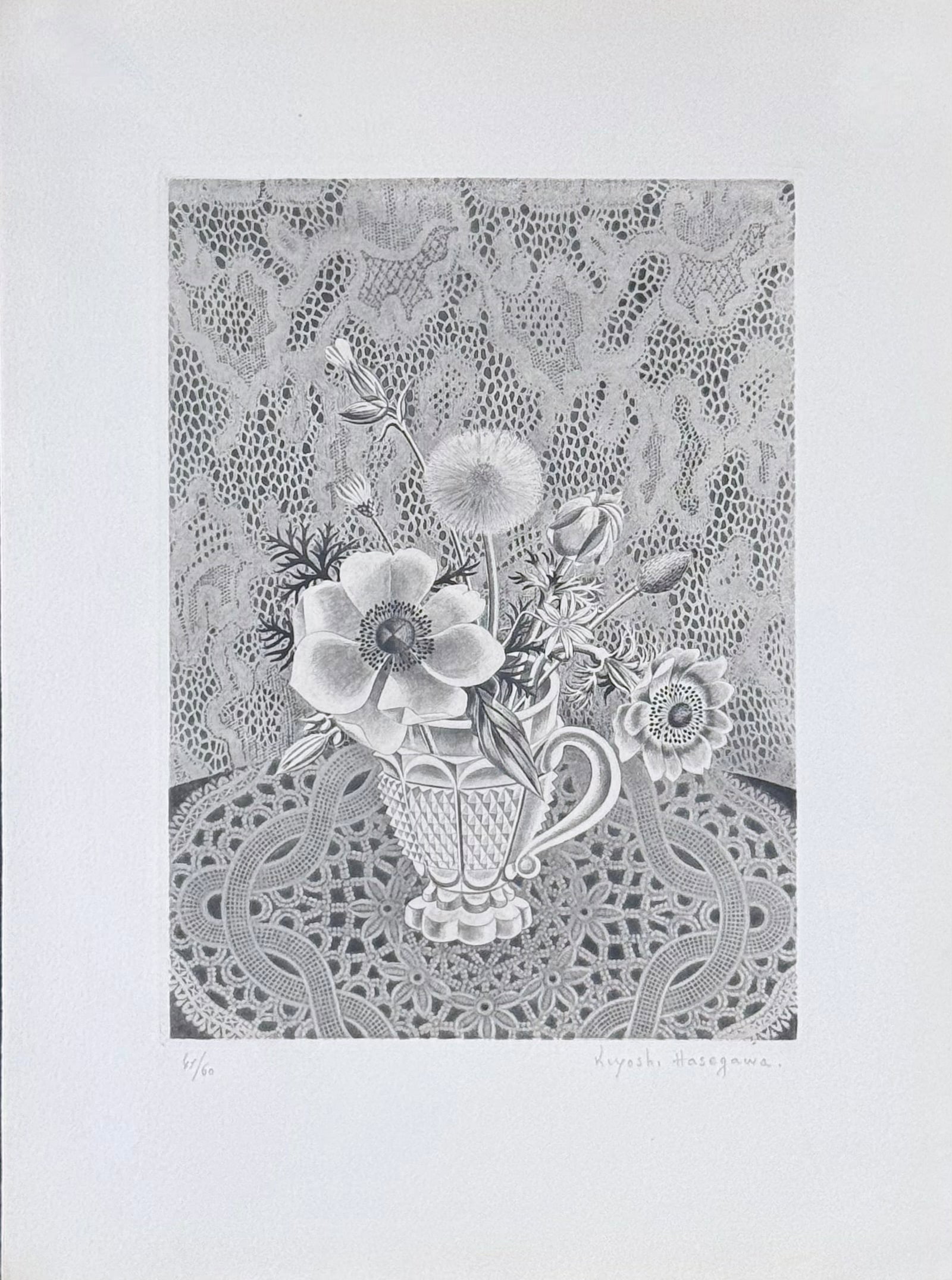 Kiyoshi Hasegawa : Anemones et fleurs de champs dans un verre a facettes, 1945 (Hand Signed): Kiyoshi Hasegawa Anemones et fleurs de champs dans un verre a facettes, 1945 Etching and aquatint on Marais wove paper from the portfolio "La Gravure sur Cuivre". Hand Signed and numbered 41/60. A del