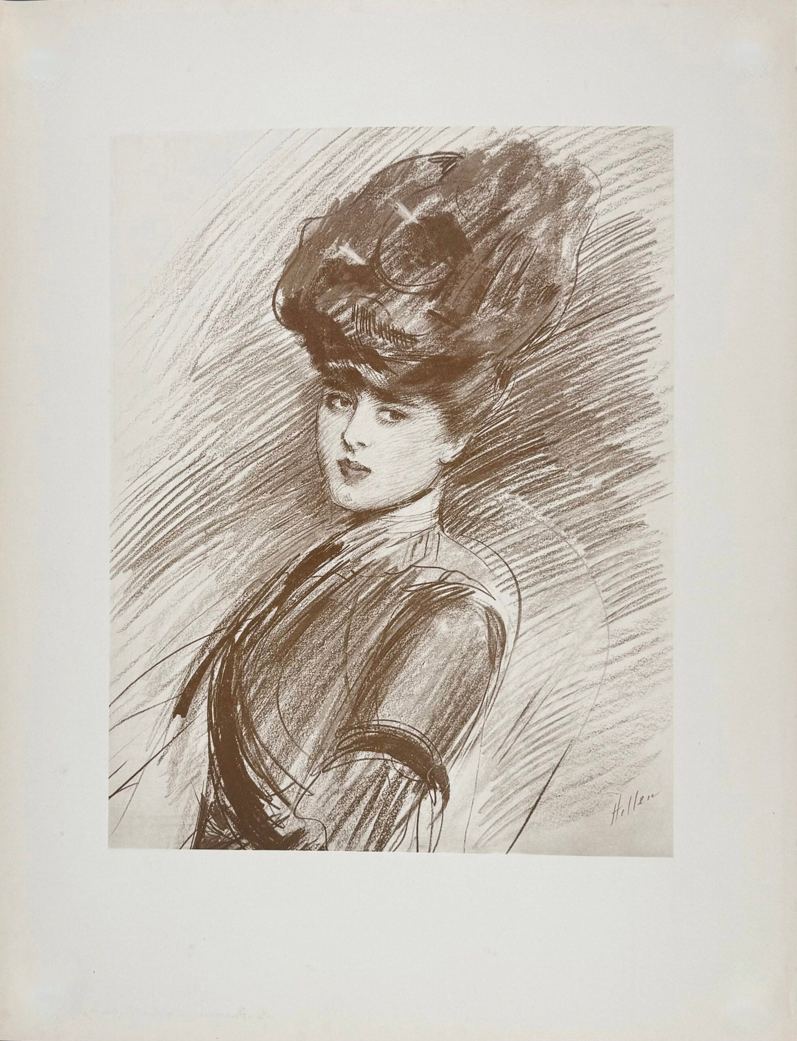 Paul Cesar Helleu : La Parisienne (Madeleine Carlier), c. 1910: Paul Cesar Helleu (1859-1927) La Parisienne (Madeleine Carlier), c. 1910 Lithograph in bistre on wove paper Plate signed lower right margin. Dimensions : + Size of the sheet : 65 x 50 cm / 25.6 x 19.7
