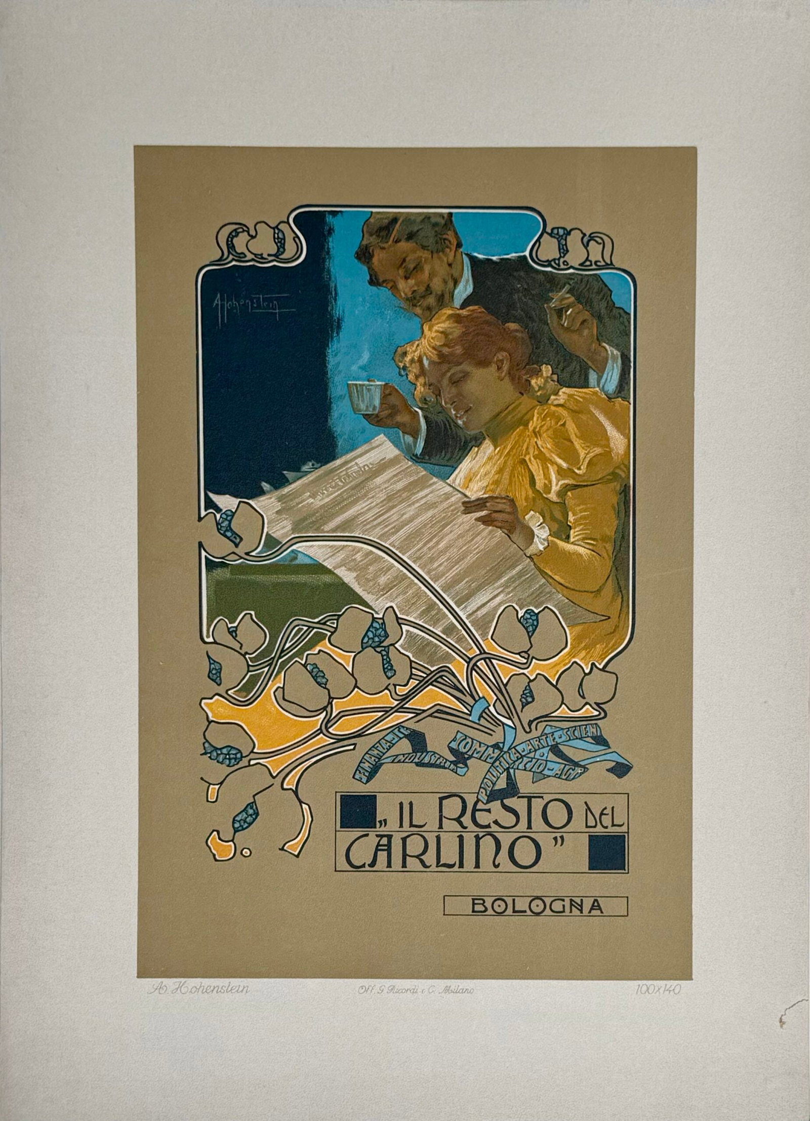 Adolfo Hohenstein - Il Resto del Carlino, 1914: Adolfo Hohenstein (1854-1928) Il Resto del Carlino, 1914 Lithograph on thick paper. Scarce lithograph from the iconic portfolio Ricordi! Dimensions: +Size of the sheet: 36 x 26 cm / 14.17 × 10.24 in.