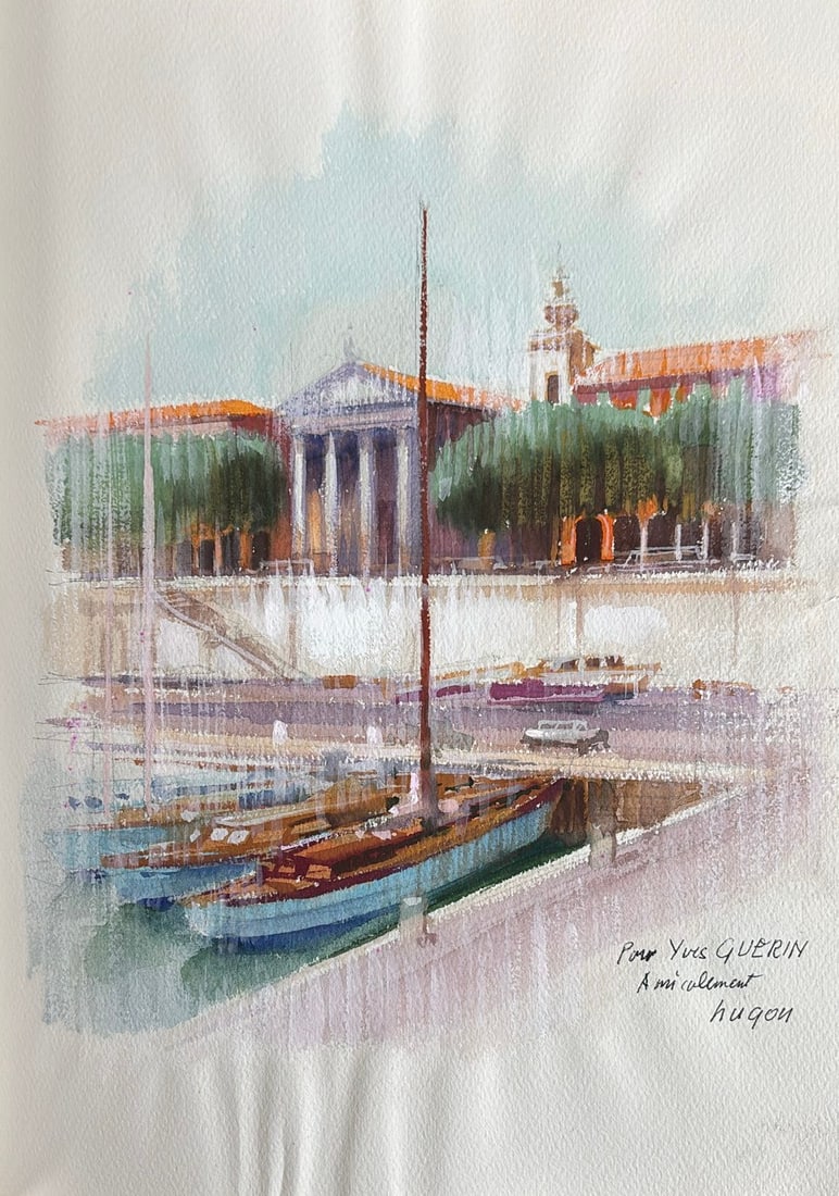 Jean Hugon : Port mediterraneen (Mediterranean Harbour), 1967 (Watercolour): Jean Hugon (1919–1990) Port mediterraneen (Mediterranean Harbour), 1967 Watercolour, with touches of bodycolour Dedicated and signed by hand, lower right: "Pour Yves Guerin, amicalement", signed "Hu