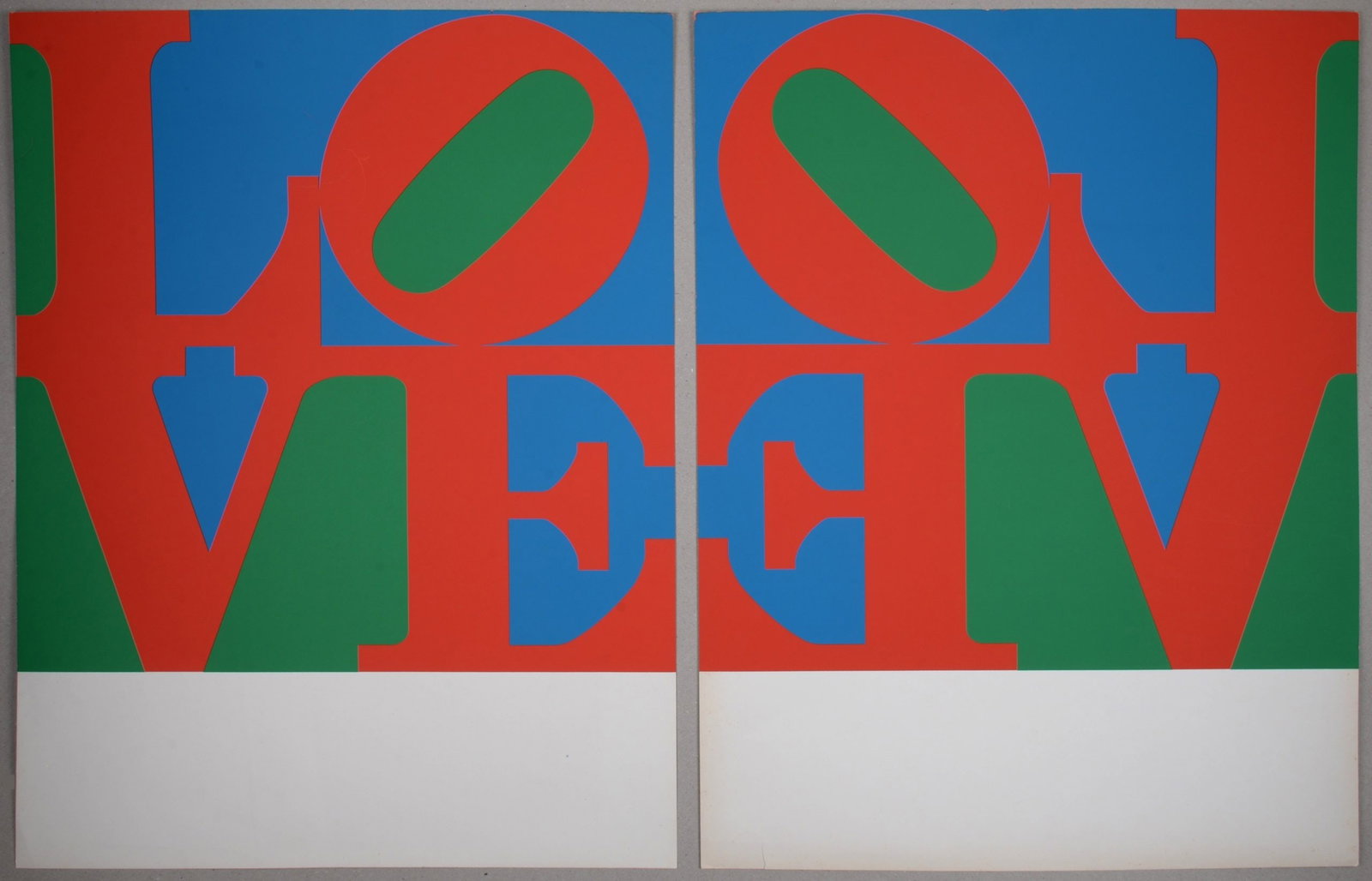 Robert Indiana - Diptych, from LOVE Wall (LOVE Frieze), 1967 - Hand-signed: Robert Indiana (1928-2018) Diptych, from LOVE Wall (LOVE Frieze), 1967 Two screenprints in colors on wove paper Hand-signed and dated in pencil on verso. Dimensions : +Size of each sheet : 65.4 x 50.2