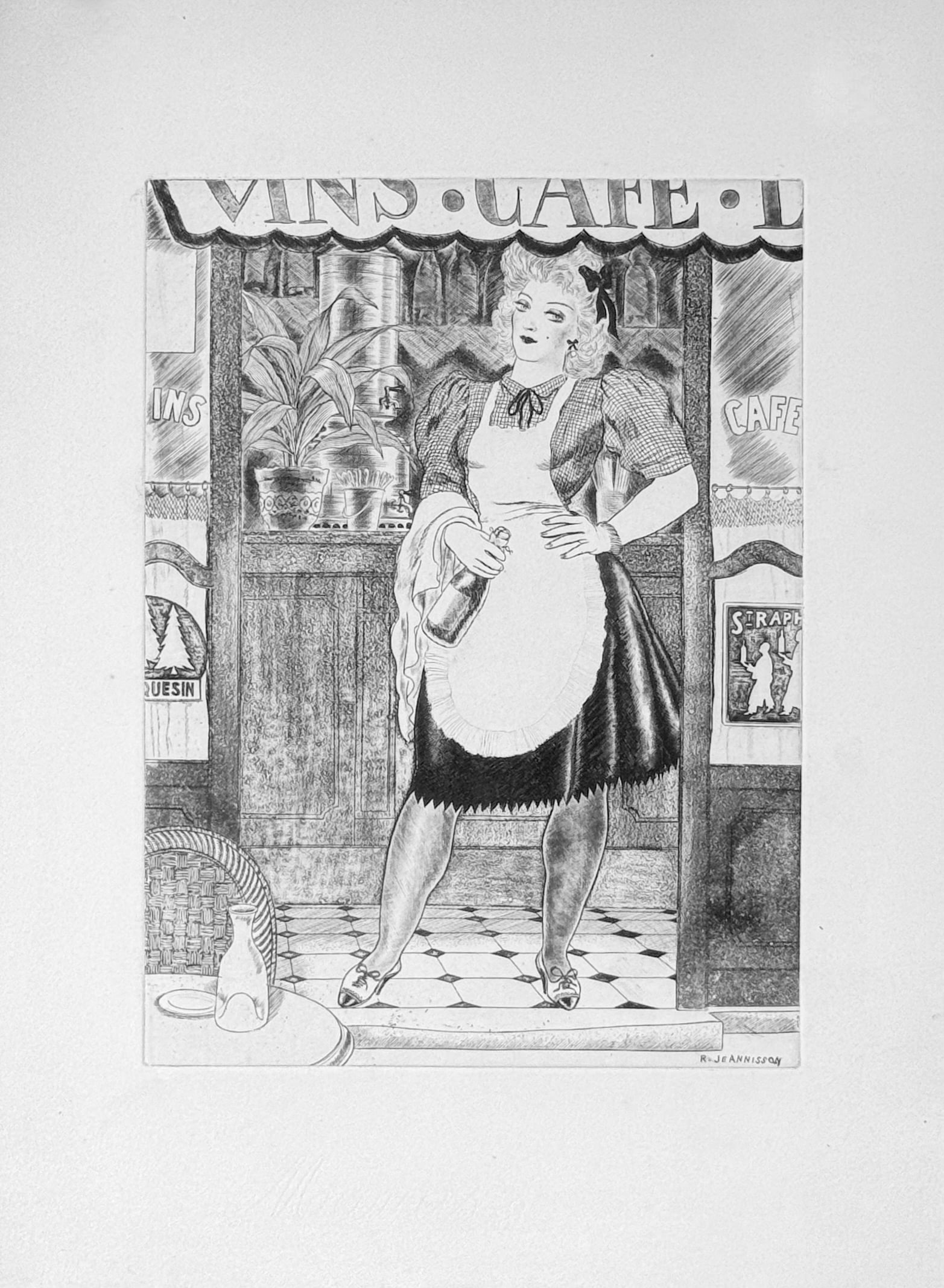 Robert Jeannisson : La Serveuse, 1945: Robert Jeannisson La Serveuse, 1945 Etching on Marais wove paper from the portfolio "La Gravure sur Cuivre", plate signed. Dimensions: + Size of the sheet : 38 × 28 cm / 115 × 11 in From an edition 