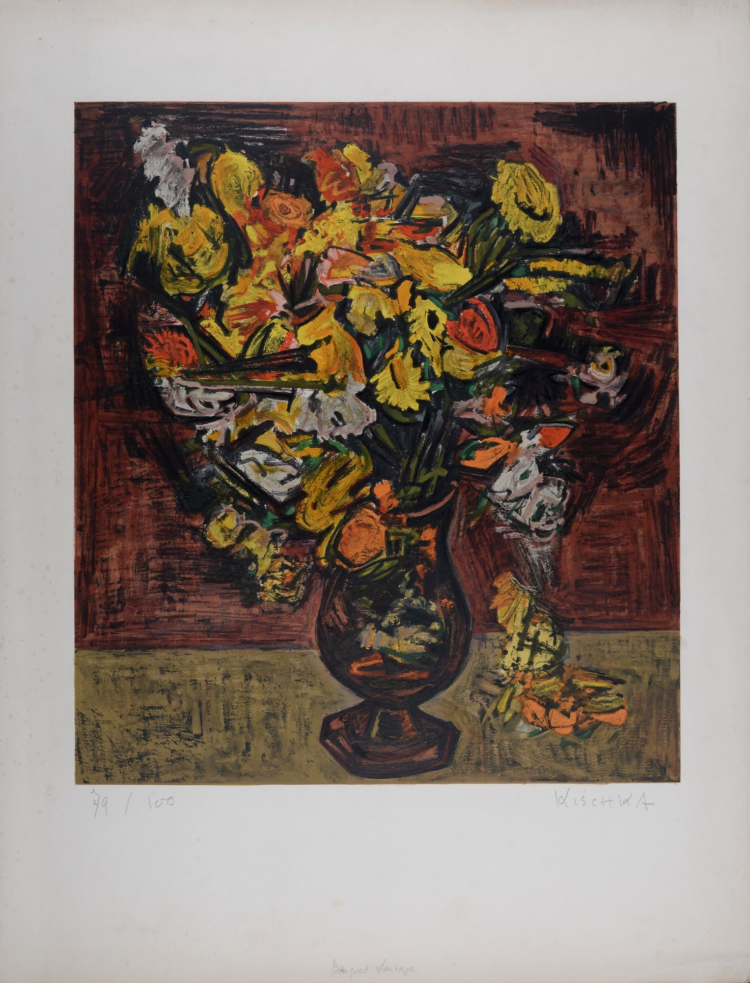 Isis Kischka : Bouquet sauvage, circa 1960 - Hand-signed: Isis Kischka (1908-1973) Bouquet sauvage, circa 1960 Lithograph on velin paper. Hand-signed in pencil lower right. Numbered in pencil 79/100 lower left. Dimensions: + Size of the sheet: 73.6 x 53 cm /