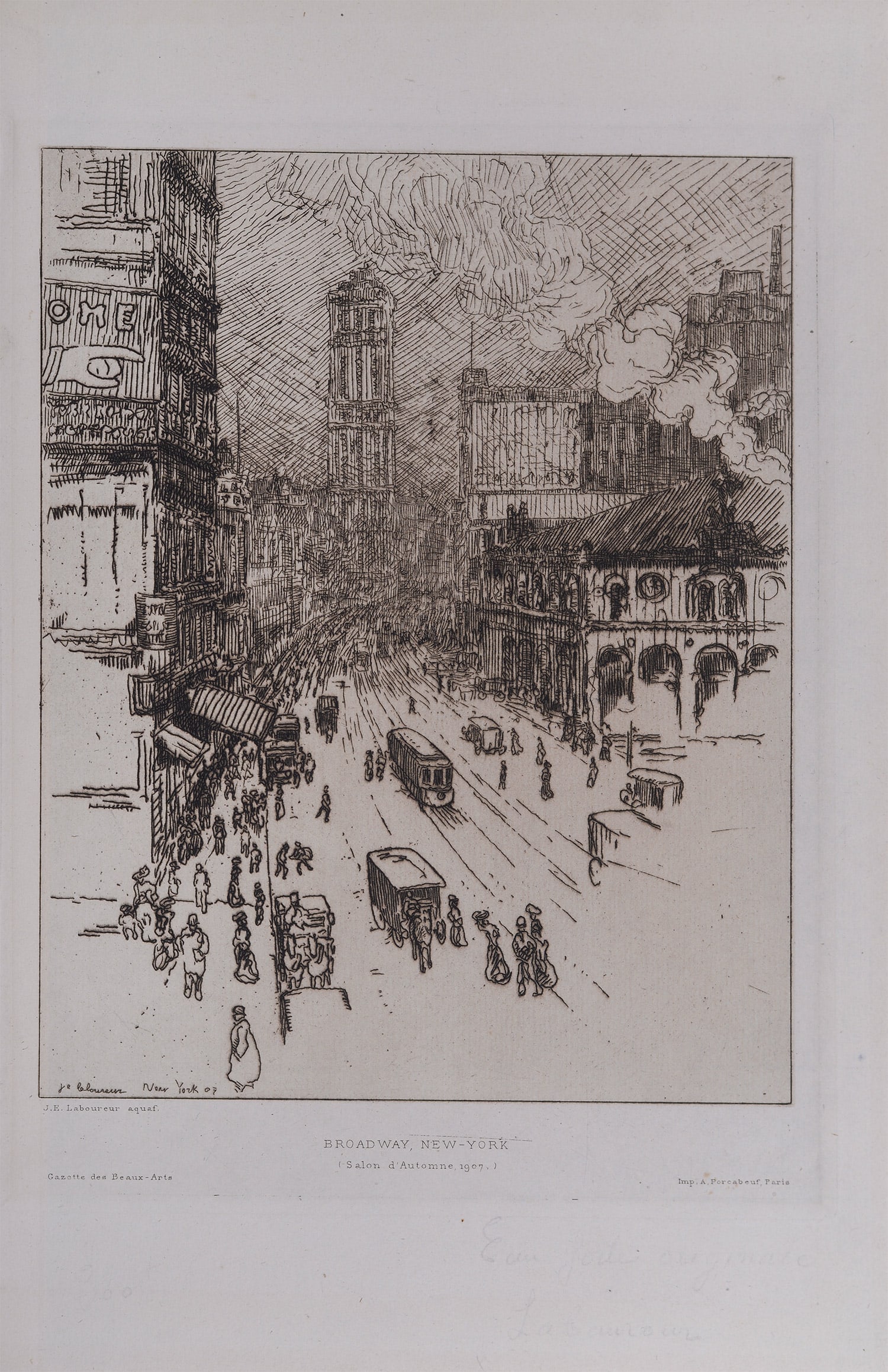 Jean Emile LABOUREUR - Broadway, New York, salon d'automne 1907: Jean-Emile LABOUREUR (1877-1943) Broadway, New York, salon d'automne 1907. Original 1907 Etching Printed in France by A.Porcaboeuf, Paris Dimensions : Size of the sheet: 18 x 27 cm / 7 x 10,6 in Size 