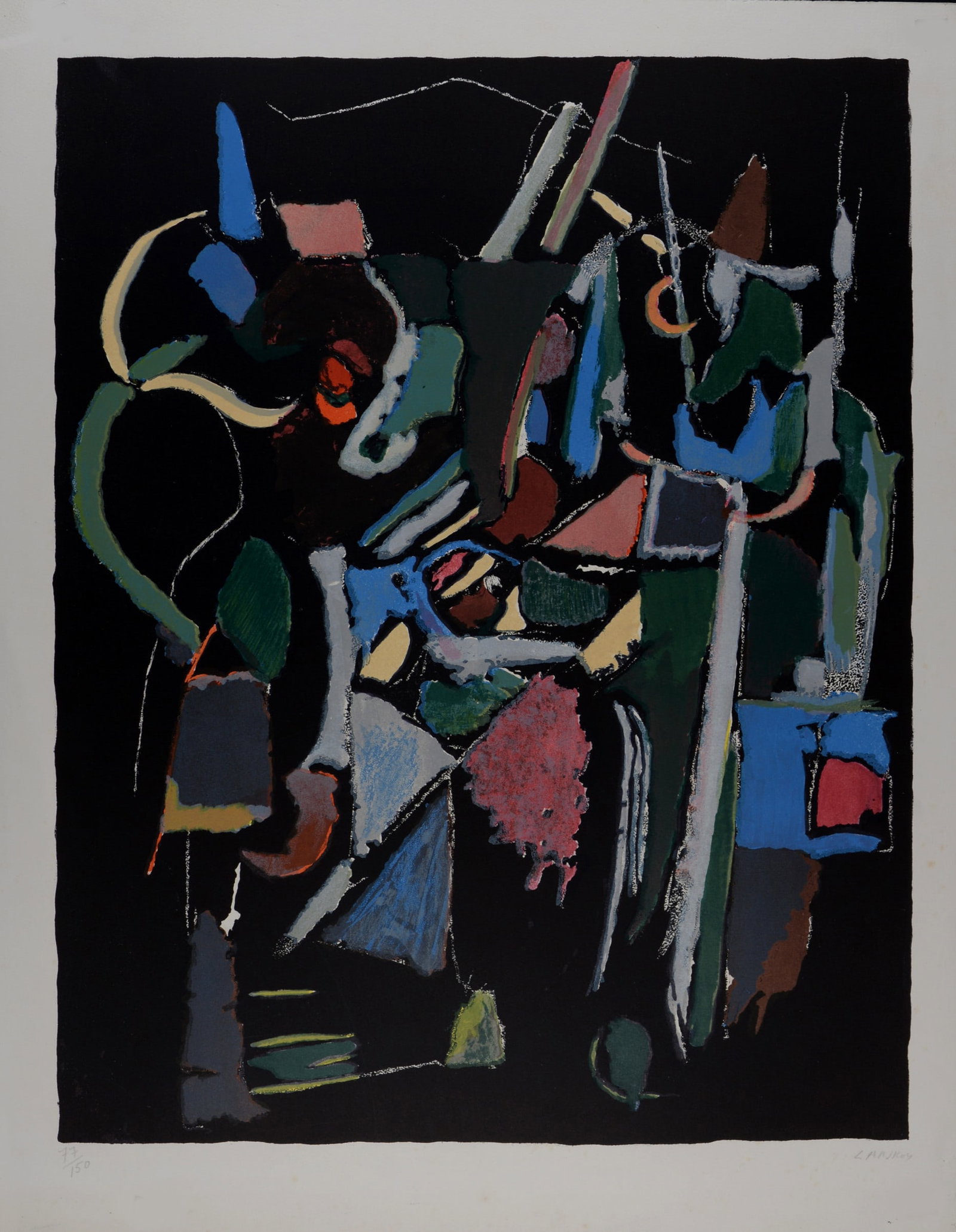 Andre Lanskoy - Composition sur fond noir, circa 1968 - Hand-signed: Andre Lanskoy (1902-1976) Composition sur fond noir, circa 1968 Original lithograph in colors on Arches paper. Hand-signed in pencil lower right margin and numbered 77/150 in pencil lower left margin.