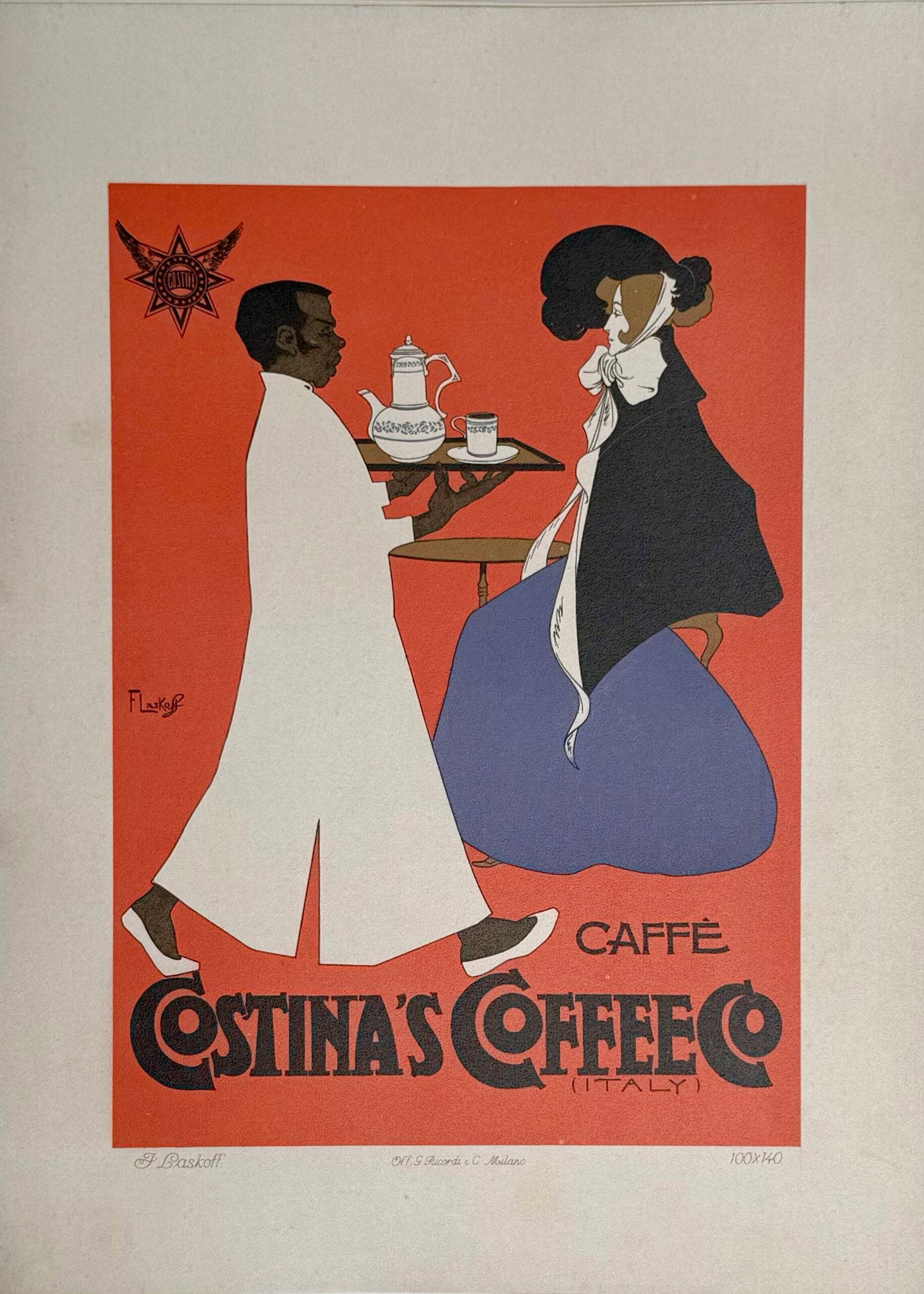 Franz Laskoff - Costina's Cooffee, 1914 (Ricordi Poster Portfolio): Franz Laskoff Costina's Cooffee, 1914 Lithograph on thick paper. Scarce lithograph from the iconic portfolio Ricordi! Dimensions: +Size of the sheet: 36 x 26 cm / 14.17 × 10.24 in. Printed in 1914 by