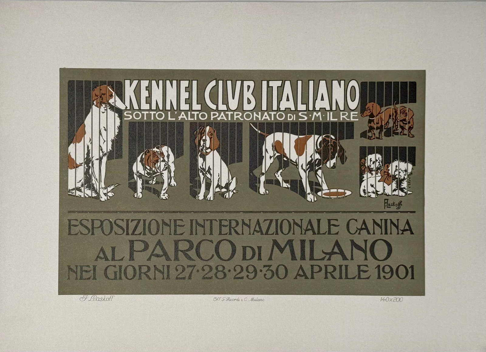 Franz Laskoff - Esposizione internazionale Canina, 1914 (Ricordi Poster Portfolio): Franz Laskoff Esposizione internazionale Canina, 1914 Lithograph on thick paper. Scarce lithograph from the iconic portfolio Ricordi! Dimensions: +Size of the sheet: 36 x 26 cm / 14.17 × 10.24 in. Pr