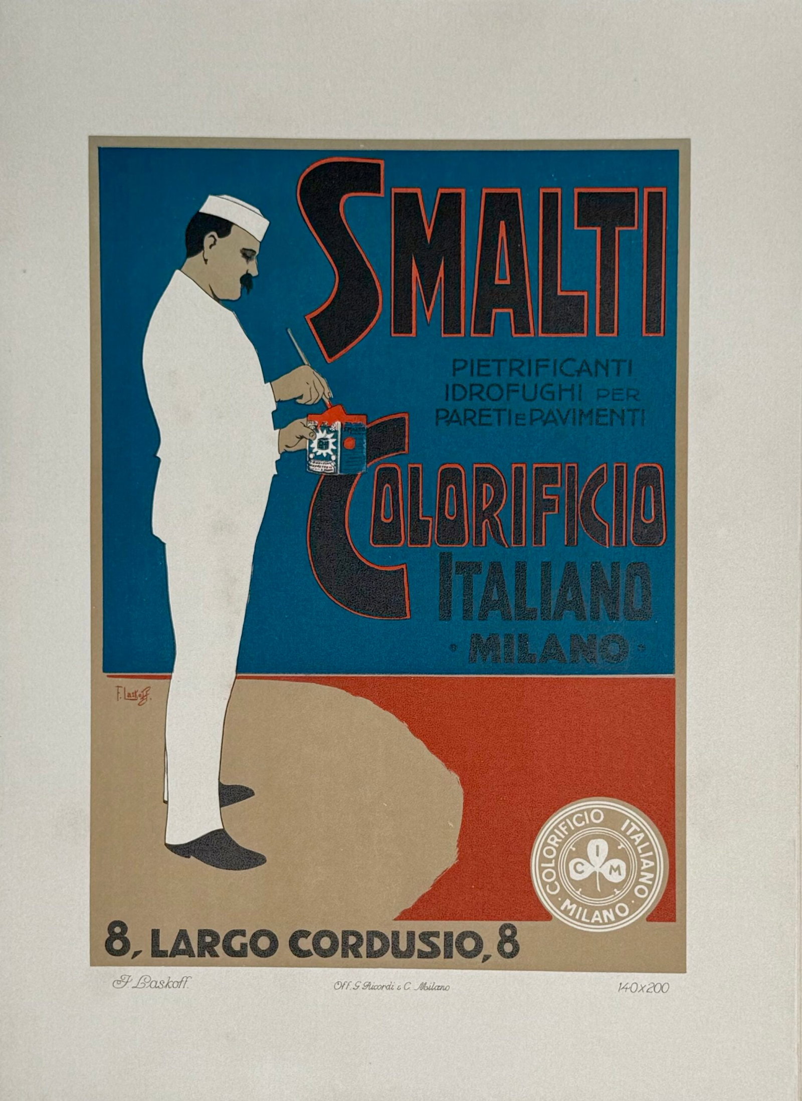 Franz Laskoff - Smalti Colorificio, 1914 (Ricordi Poster Portfolio): Franz Laskoff Smalti Colorificio, 191414 Lithograph on thick paper. Scarce lithograph from the iconic portfolio Ricordi! Dimensions: +Size of the sheet: 36 x 26 cm / 14.17 × 10.24 in. Printed in 1914