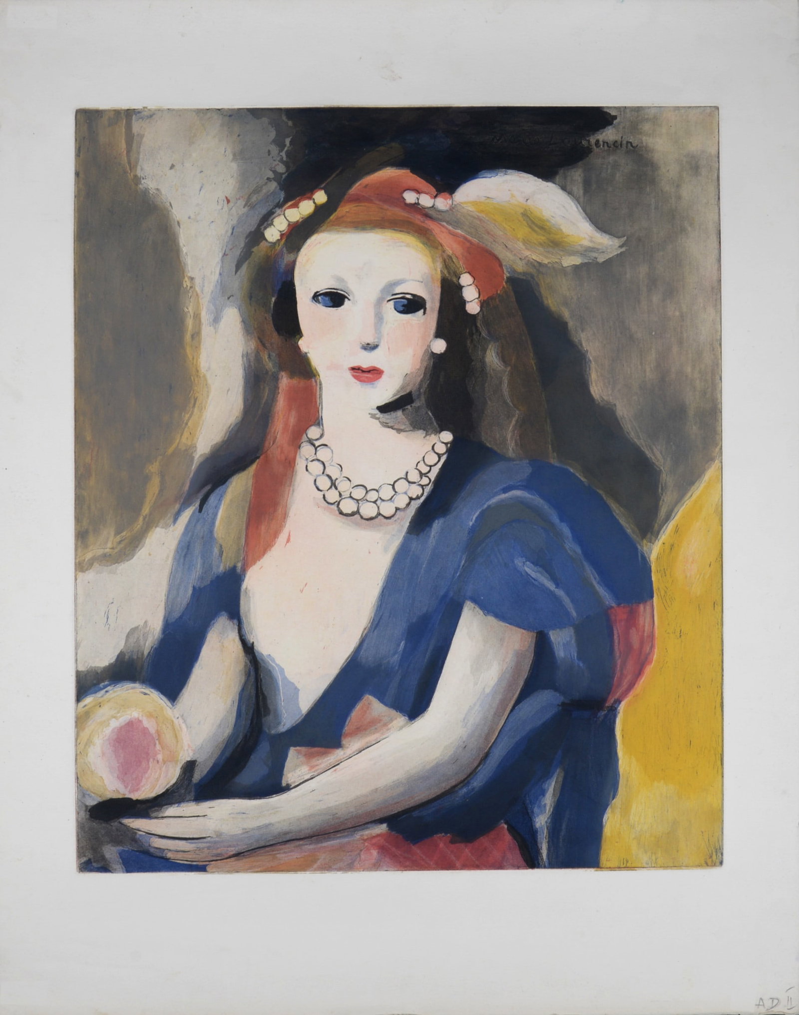 Marie Laurencin (After) : Jeune femme au collier de perles, circa 1980: Marie Laurencin (After) Jeune femme au collier de perles, circa 1980 Etching in colors on Arches paper. Plate-signed on the top right of the image. With Arches watermark lower right. Dimensions : + Si