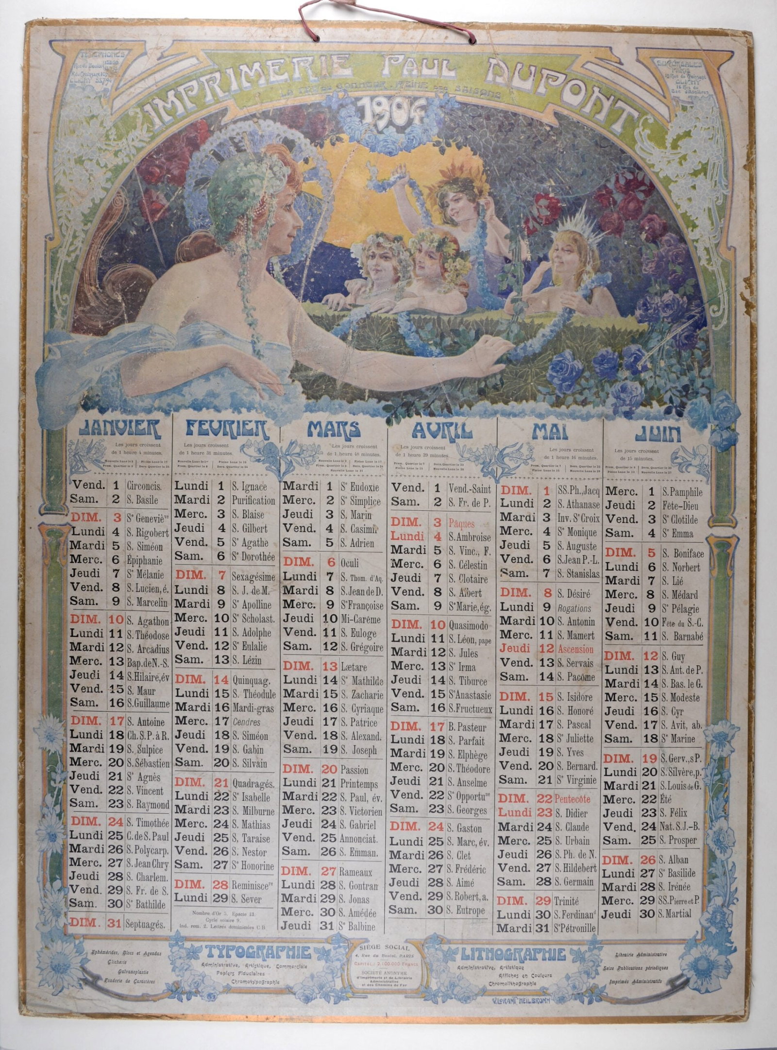 Vincent Lorant-Heilbronn : La Fee du Bonheur, Reine des Saisons, 1904: Vincent Lorant-Heilbronn (1874-1912) La Fee du Bonheur, Reine des Saisons, 1904 Color lithograph on a cardboard calendar, printed on both sides. Dimensions: + Size of the sheet: 74,7 x 55,5 cm / 29,4 