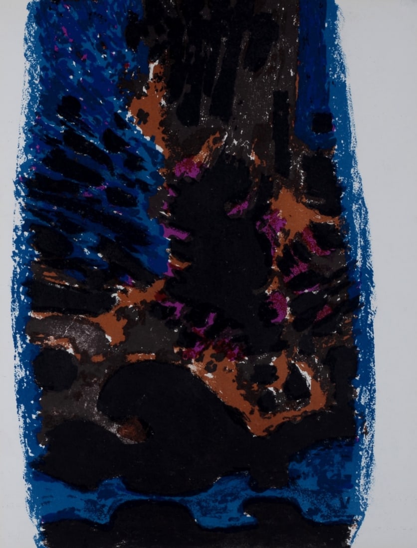 Alfred Manessier : Eau souterraine / Tache noire, 1962: Alfred Manessier (1911-1993) Eau souterraine / Tache noire n°2, 1962 Lithograph in colors on wove paper. Dimensions : + Size of the sheet: 31,1 x 24,2 cm /12,2 × 9,5 in. Published in 1962 for "Revue